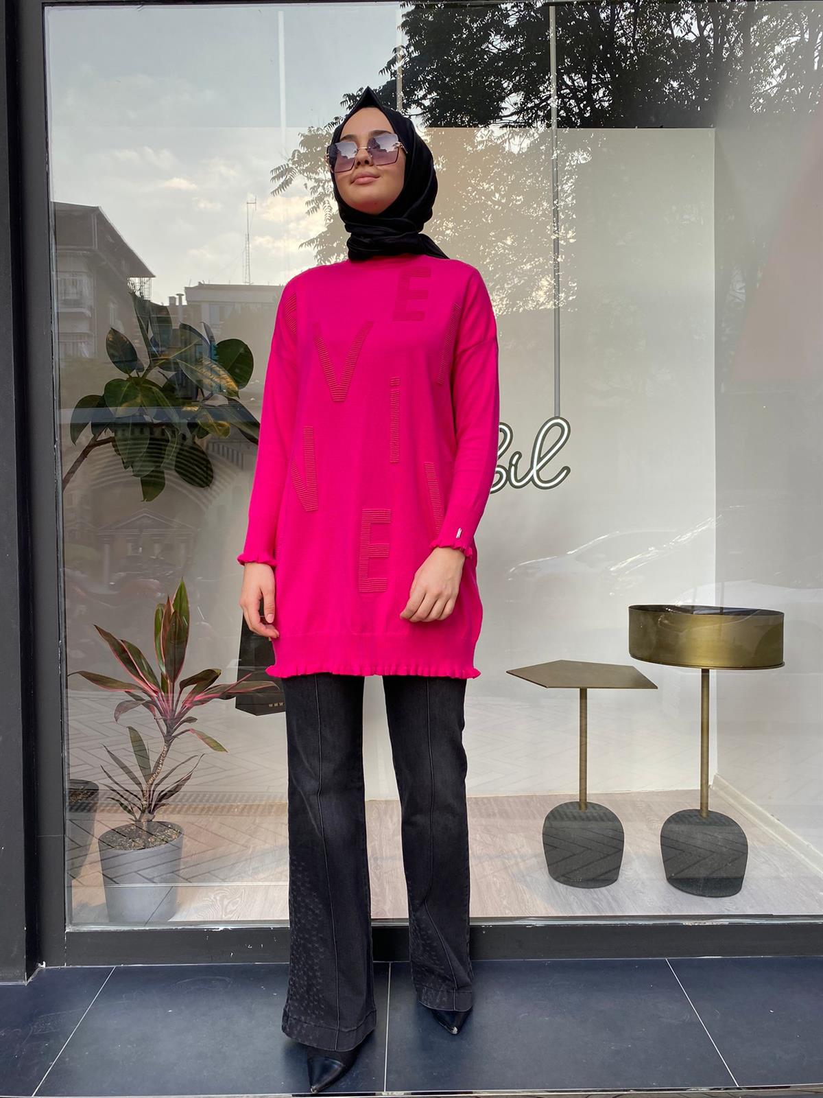 İnvee Baskılı Triko Tunik Fuşya 6890