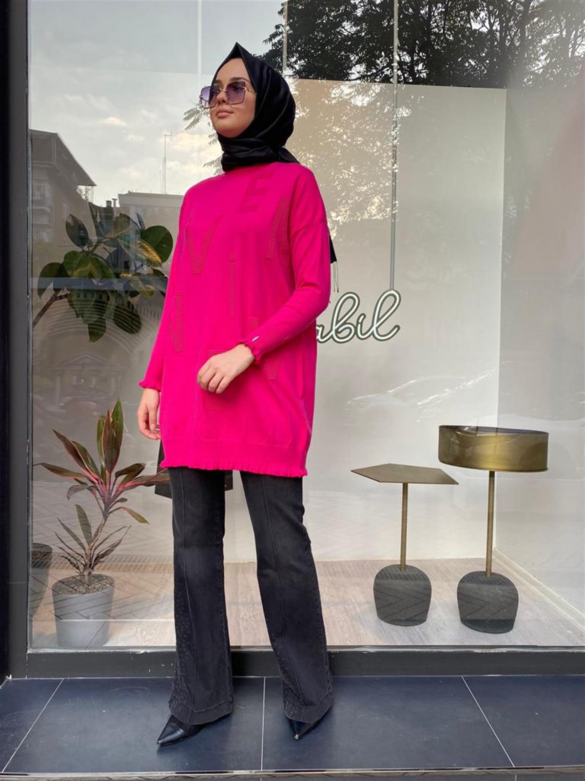 İnvee Baskılı Triko Tunik Fuşya 6890