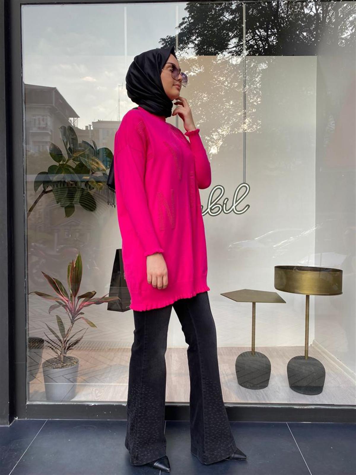 İnvee Baskılı Triko Tunik Fuşya 6890