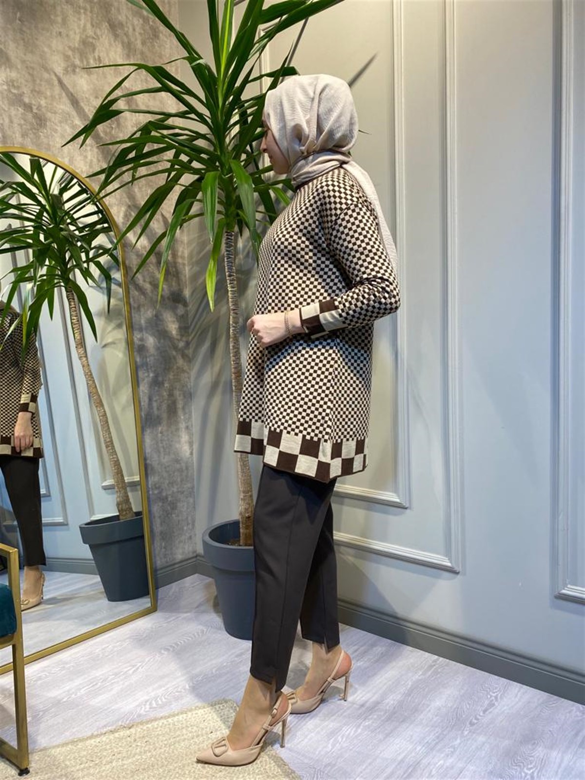 İnvee Dama Desenli Kahve-Bej Triko Tunik 6873