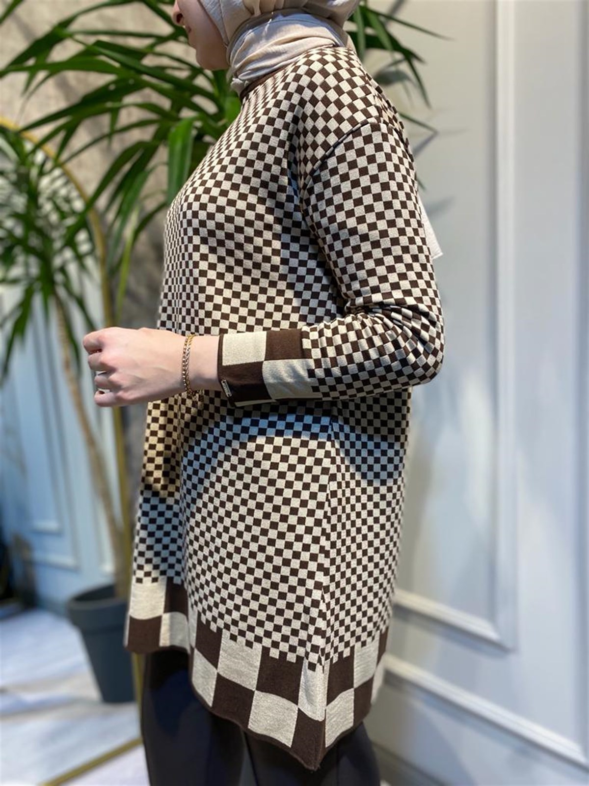 İnvee Dama Desenli Kahve-Bej Triko Tunik 6873