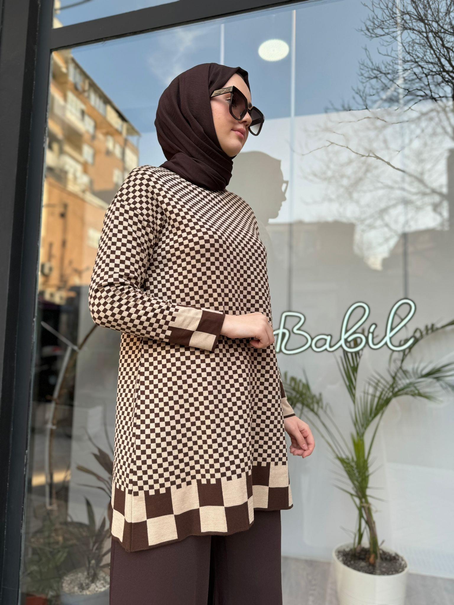 İnvee Dama Desenli Kahve-Bej Triko Tunik 6873