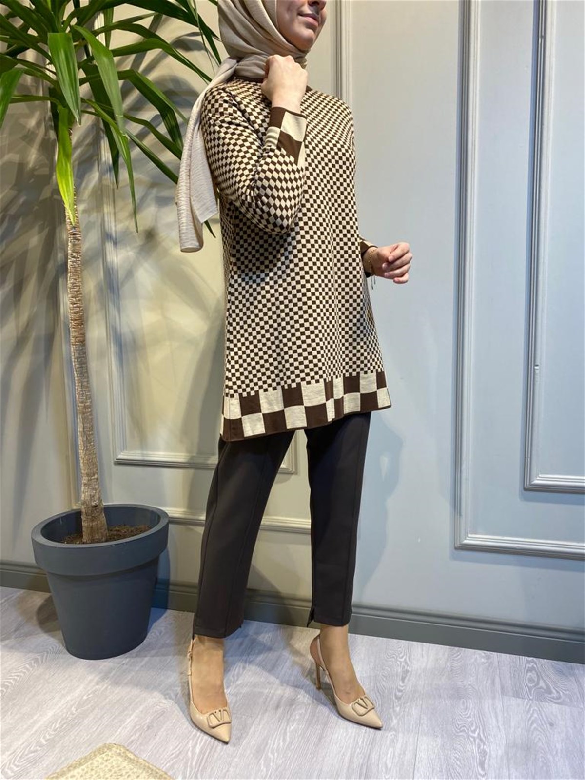 İnvee Dama Desenli Kahve-Bej Triko Tunik 6873