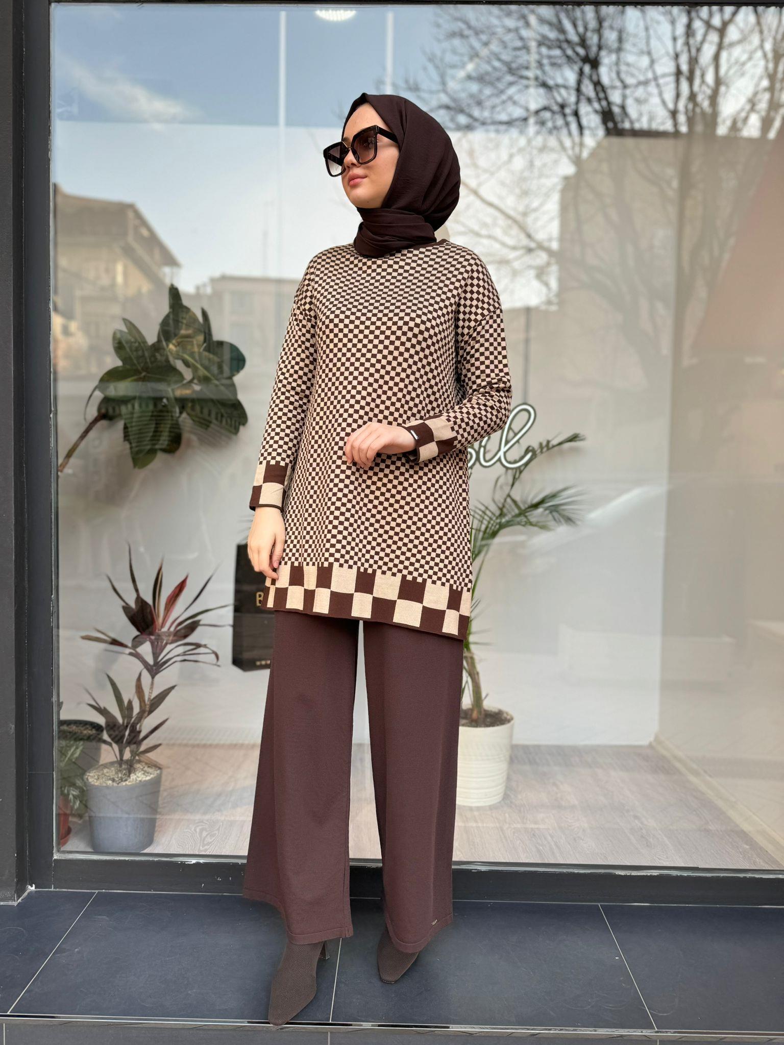 İnvee Dama Desenli Kahve-Bej Triko Tunik 6873