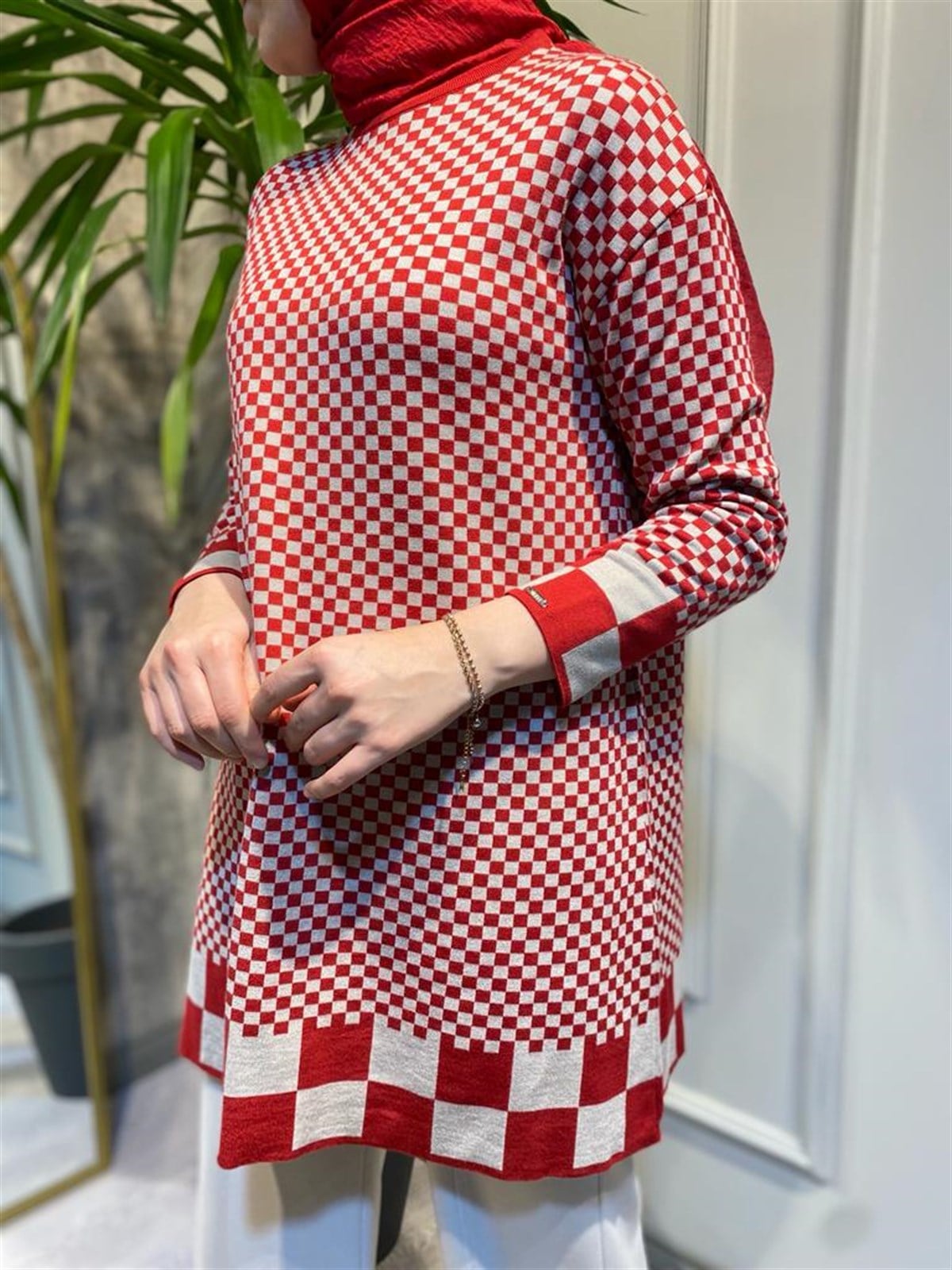 İnvee Dama Desenli Kırmızı-Taş Triko Tunik 6873