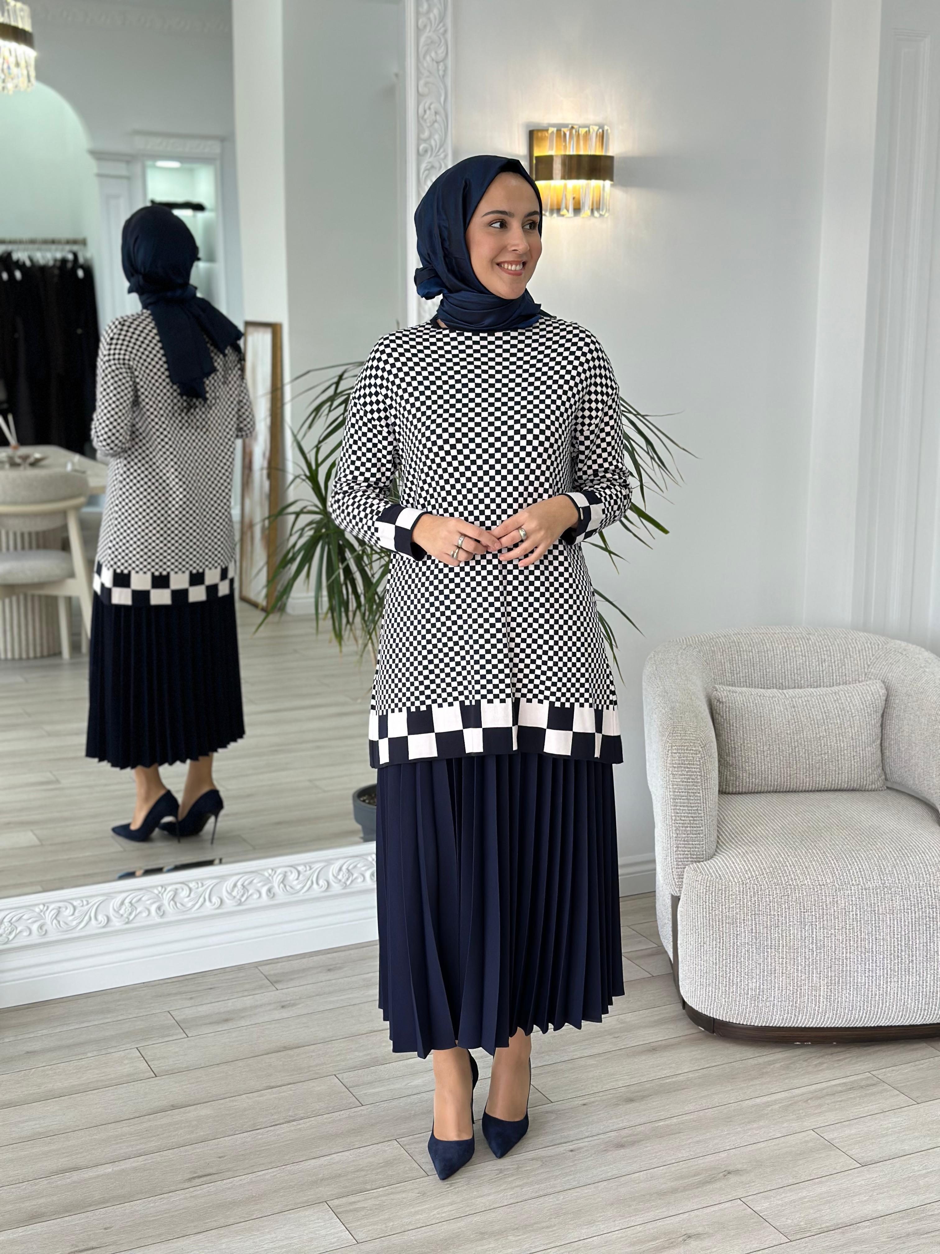 İnvee Dama Desenli Lacivert Triko Tunik 6873