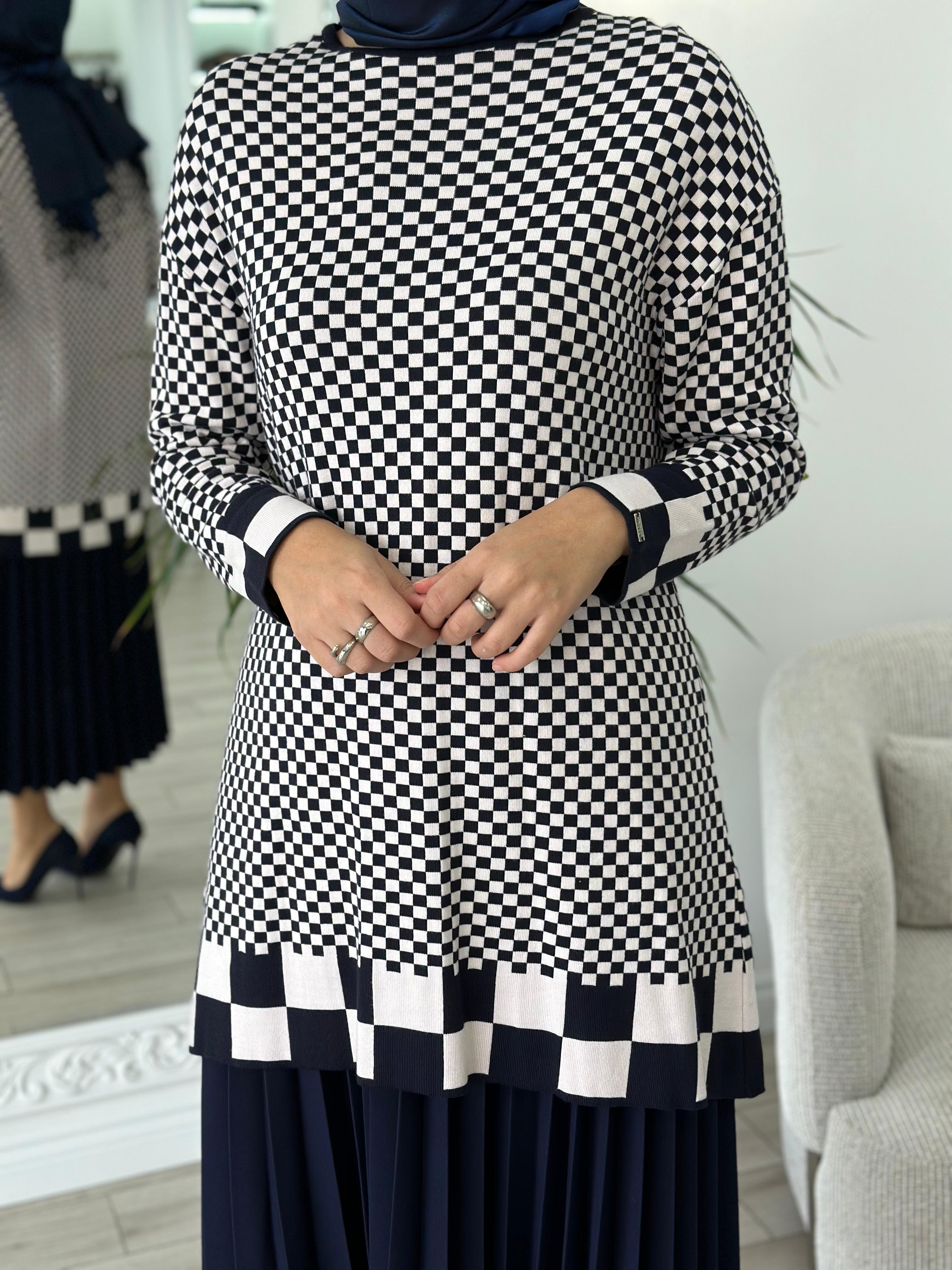 İnvee Dama Desenli Lacivert Triko Tunik 6873