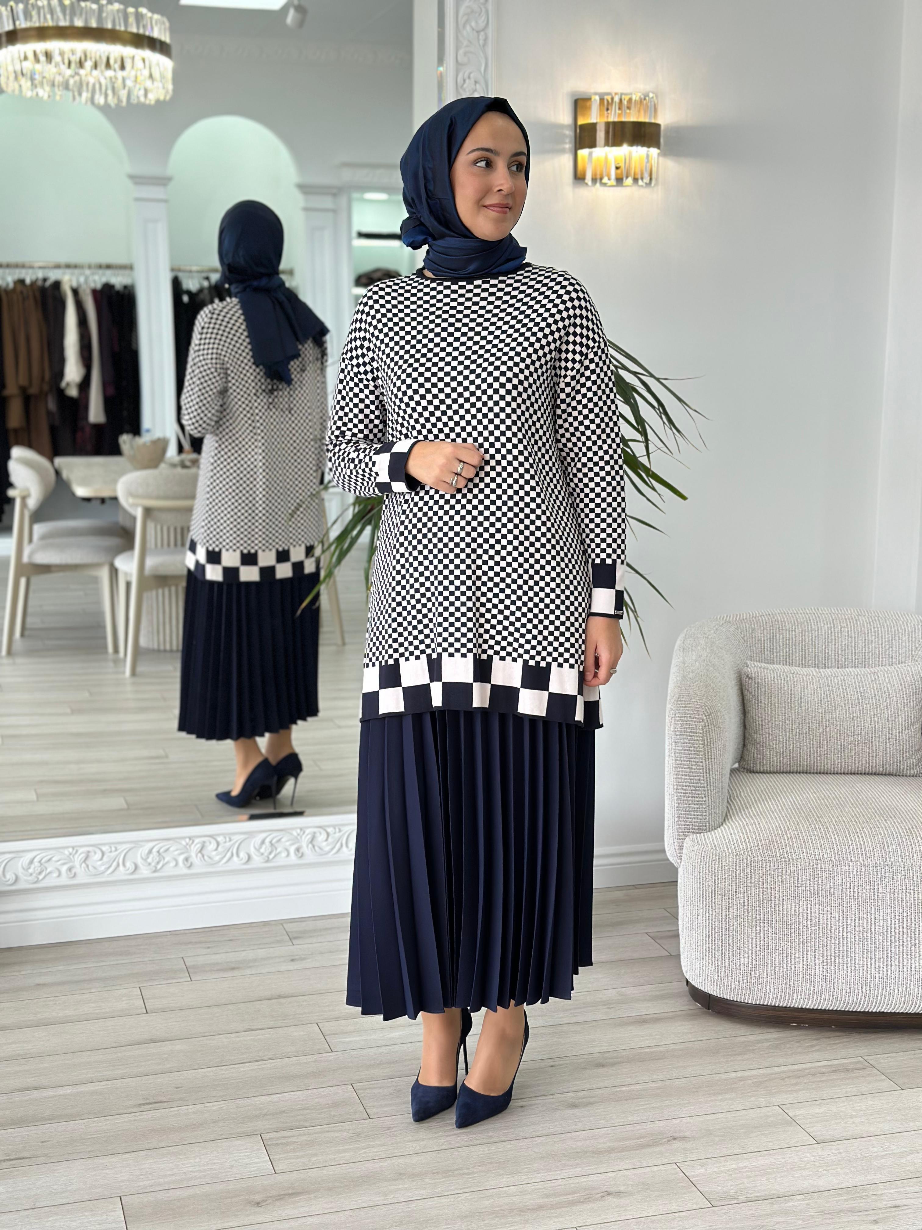 İnvee Dama Desenli Lacivert Triko Tunik 6873