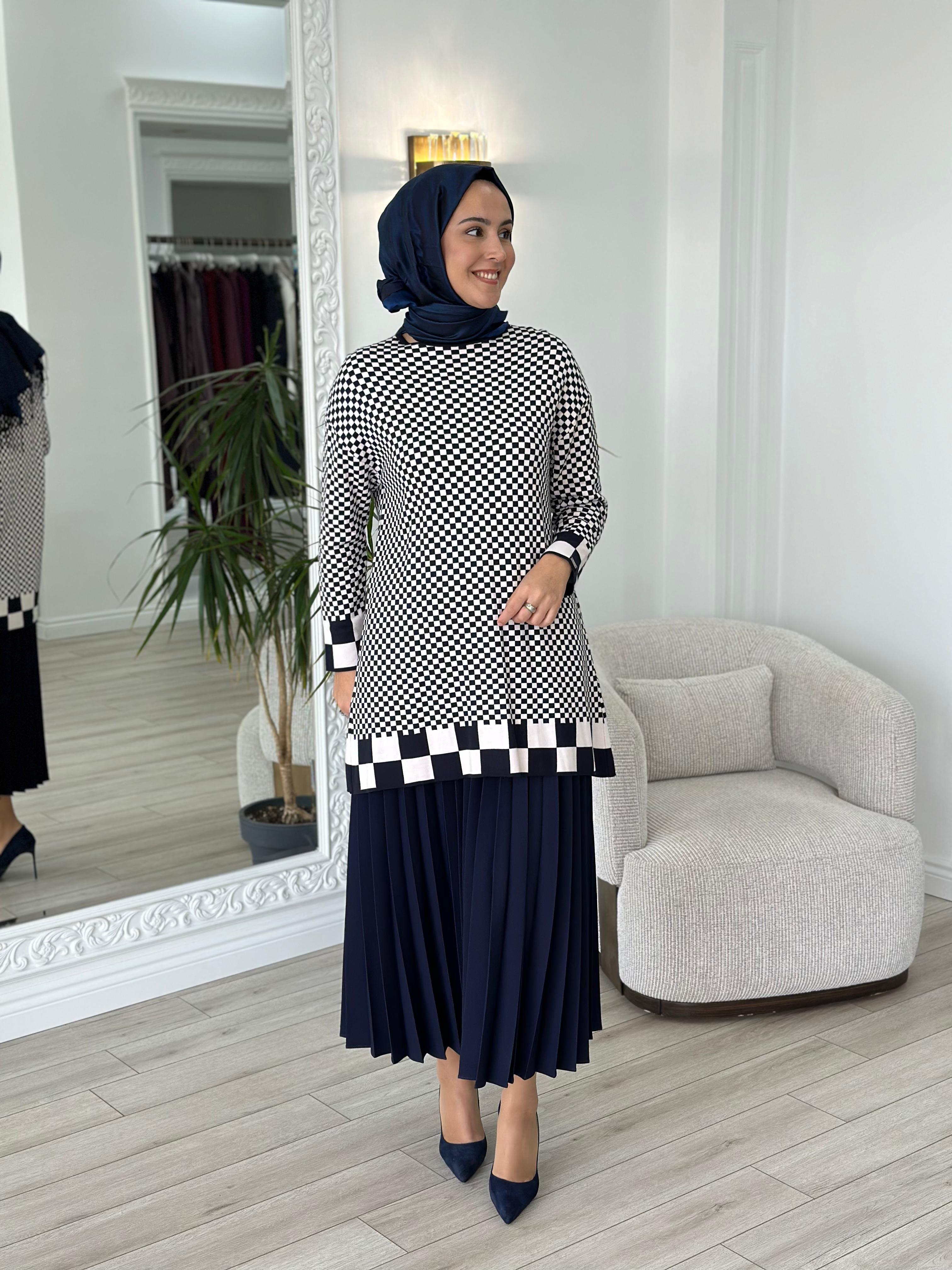 İnvee Dama Desenli Lacivert Triko Tunik 6873