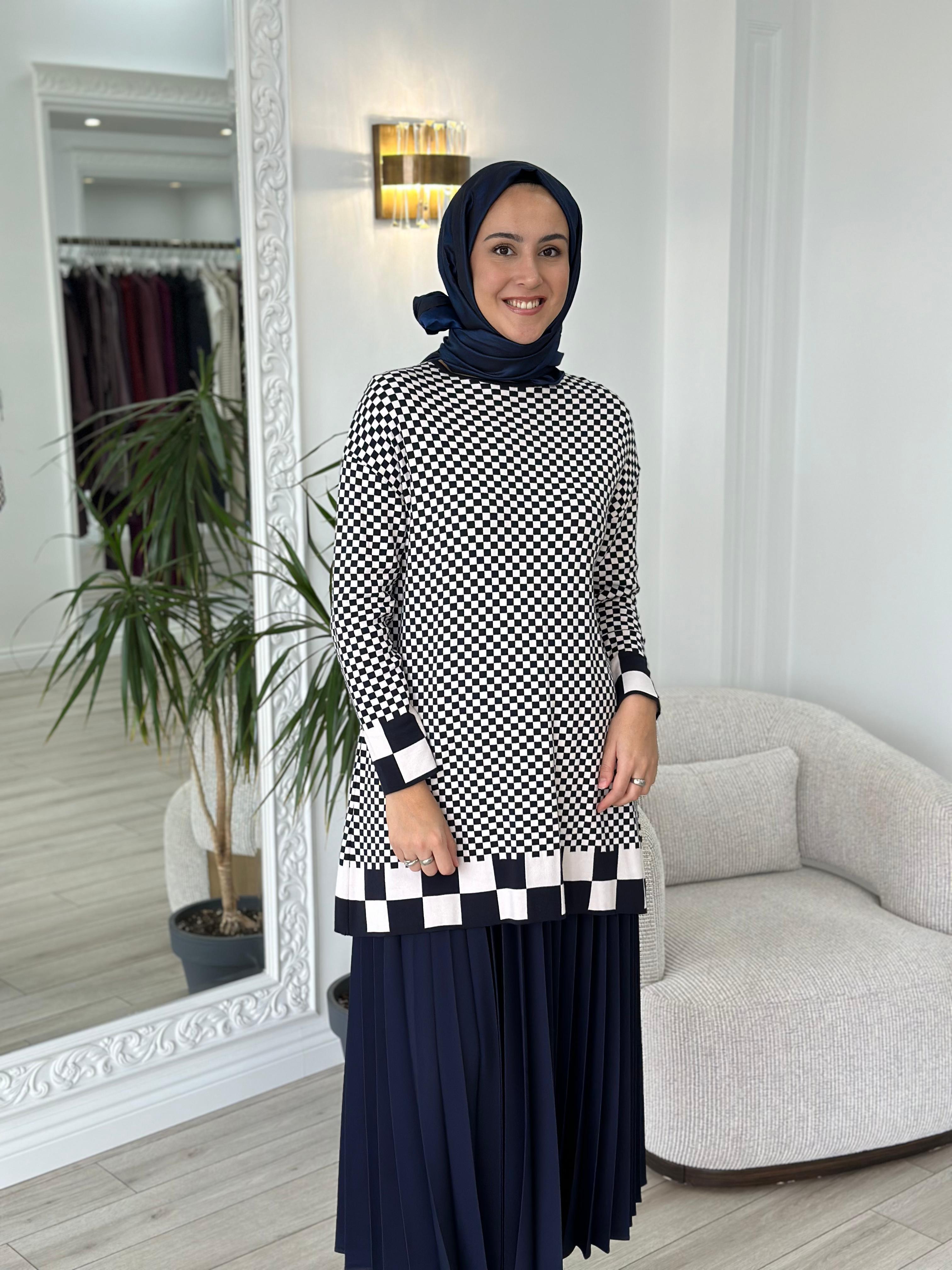 İnvee Dama Desenli Lacivert Triko Tunik 6873