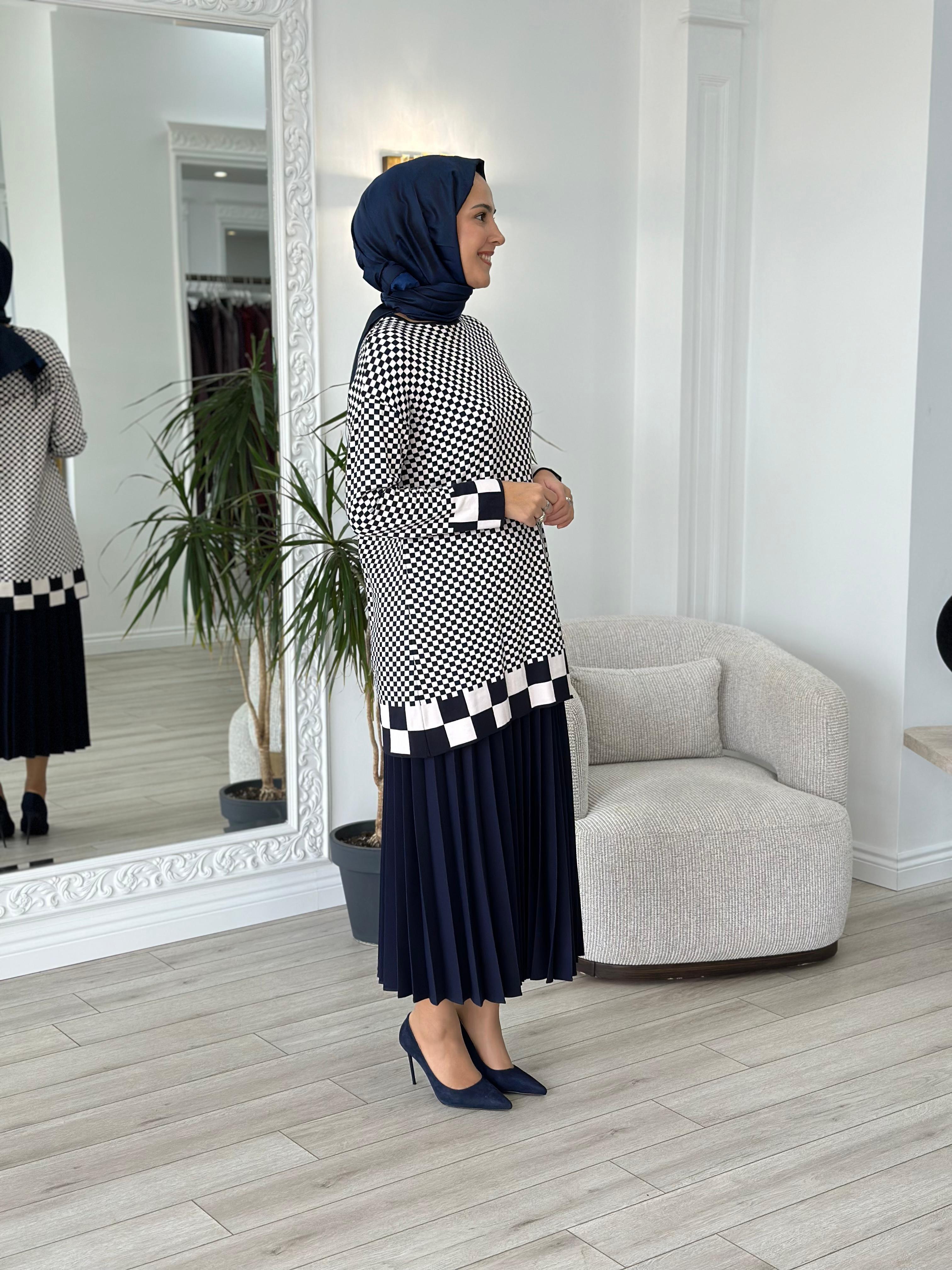 İnvee Dama Desenli Lacivert Triko Tunik 6873