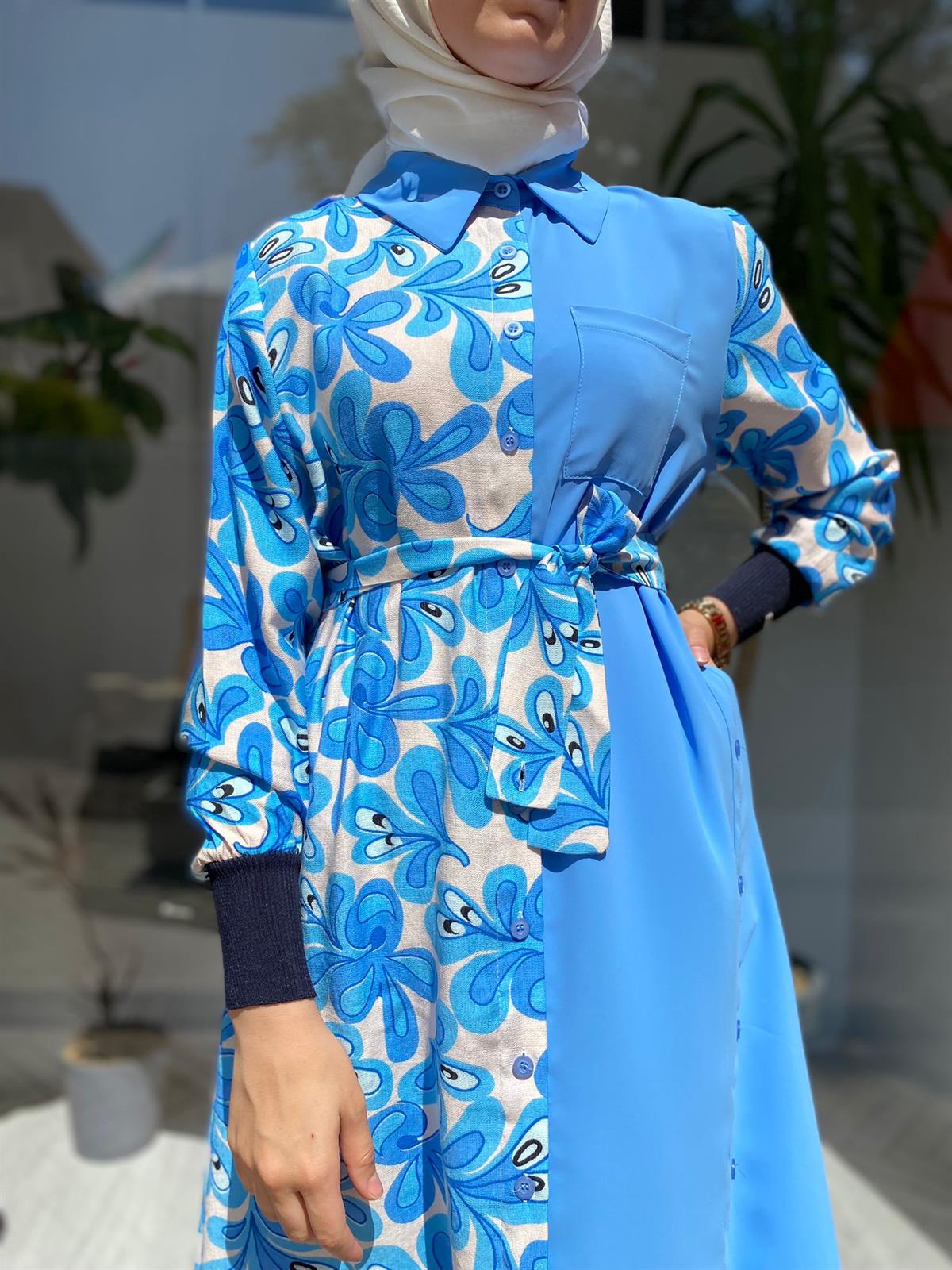 İnvee Desenli Elbise Saks 6636