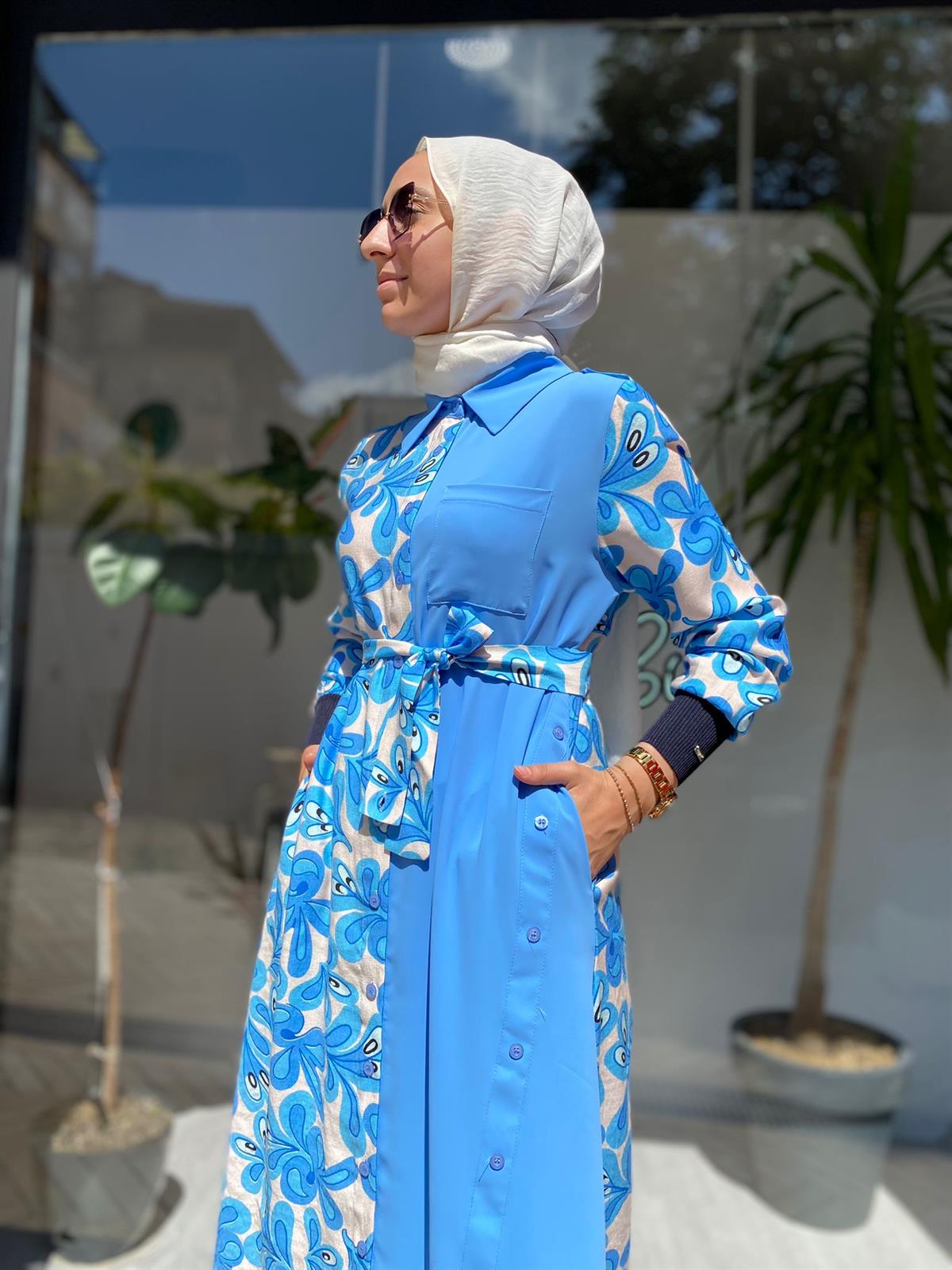 İnvee Desenli Elbise Saks 6636