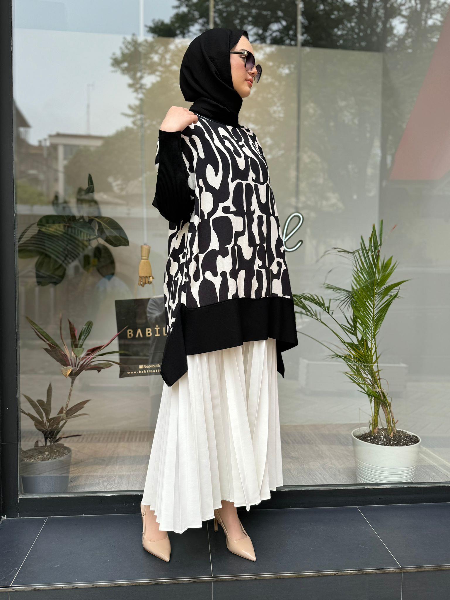 İnvee Desenli Tunik Siyah Beyaz 6252