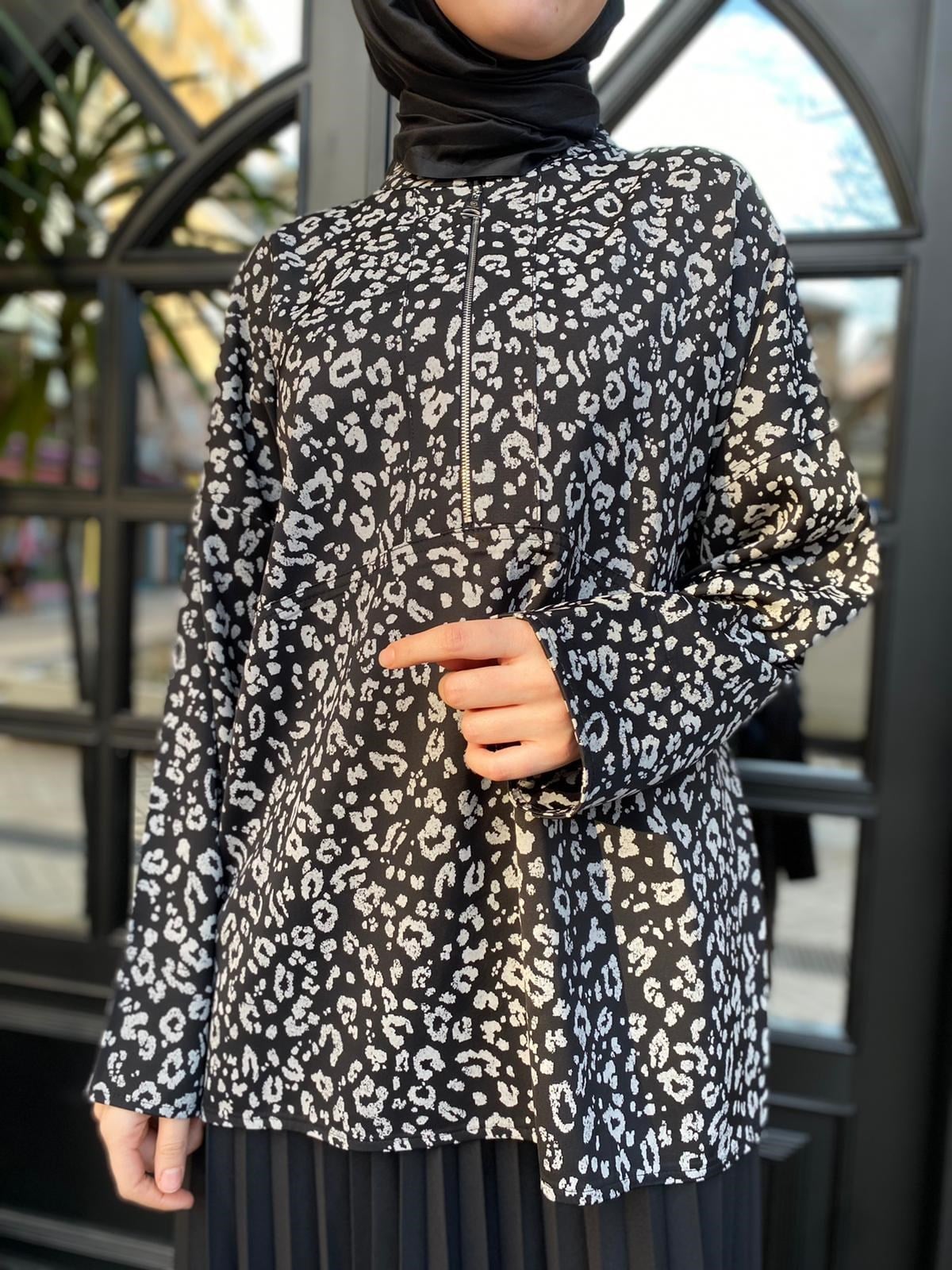 İnvee Fermuar Detaylı Deri Leopar Orjinal Tunik 6818