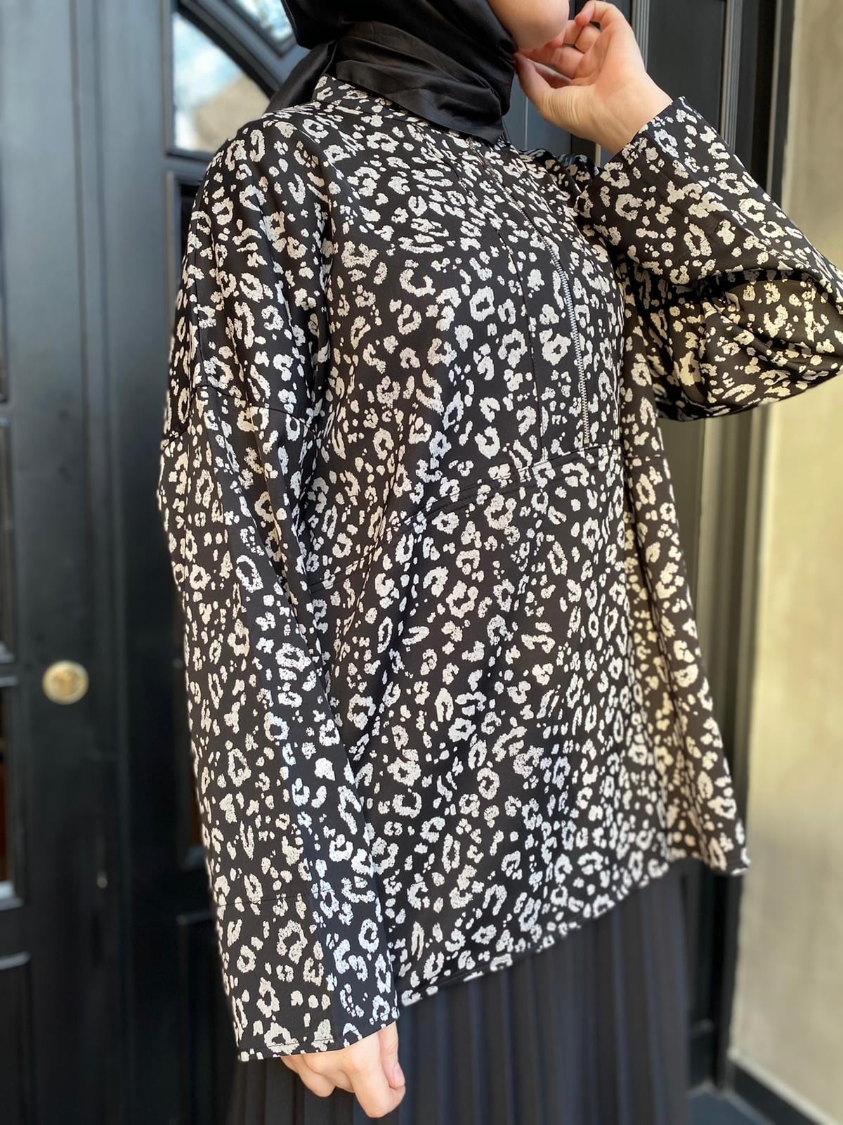 İnvee Fermuar Detaylı Deri Leopar Orjinal Tunik 6818
