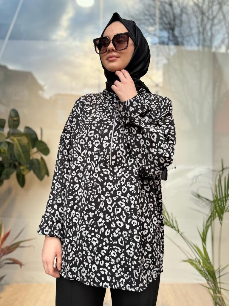 İnvee Fermuar Detaylı Leopar Orjinal Tunik 6818