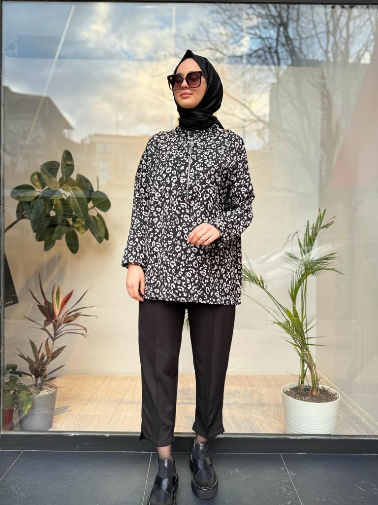 İnvee Fermuar Detaylı Leopar Orjinal Tunik 6818