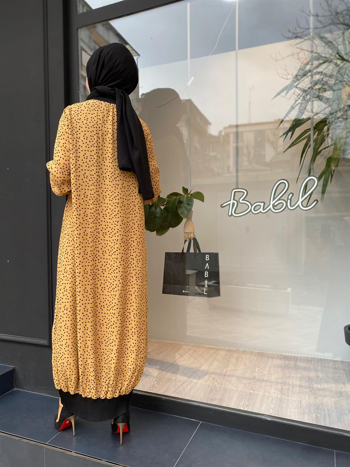 Invee Fermuar Detaylı Yaprak Desenli Camel Elbise 6892
