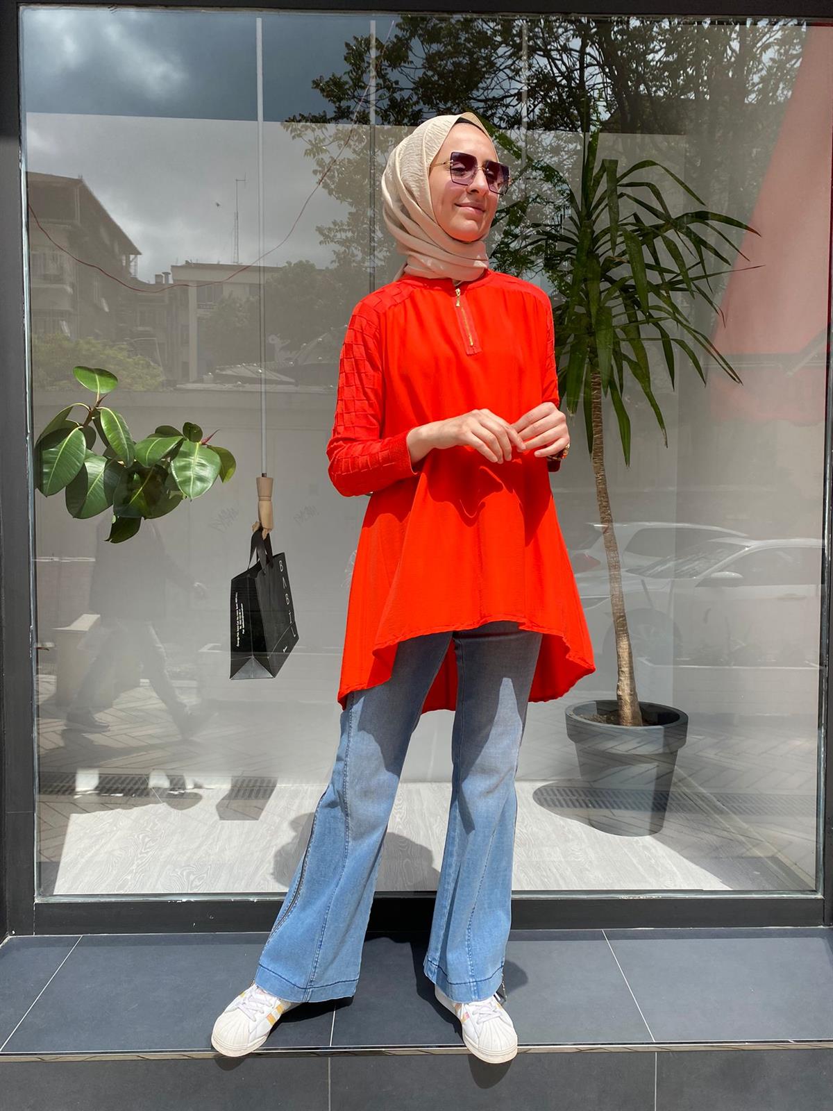 İnvee Kolları Triko Detaylı Oranj Tunik 6143