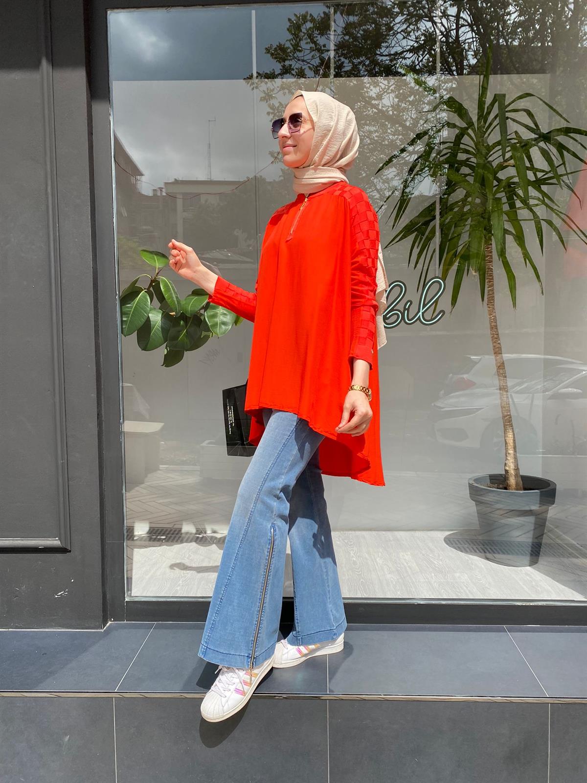 İnvee Kolları Triko Detaylı Oranj Tunik 6143