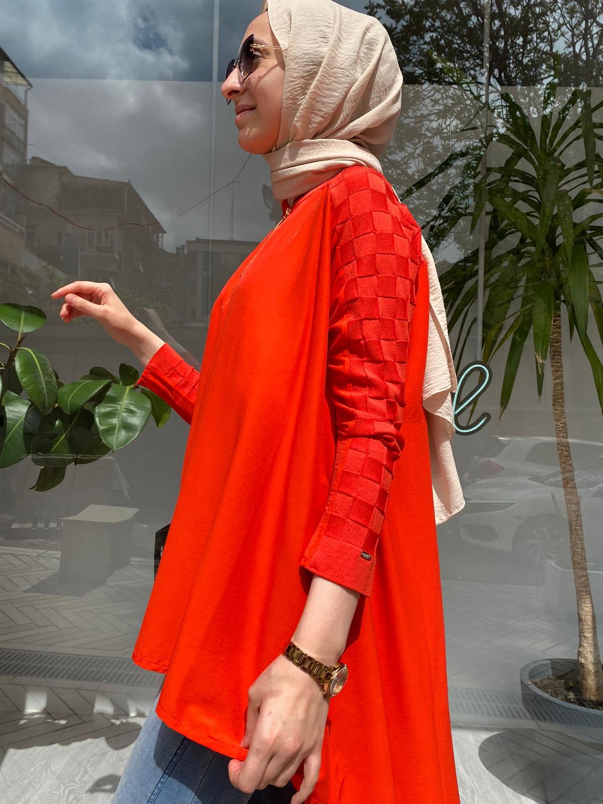 İnvee Kolları Triko Detaylı Oranj Tunik 6143