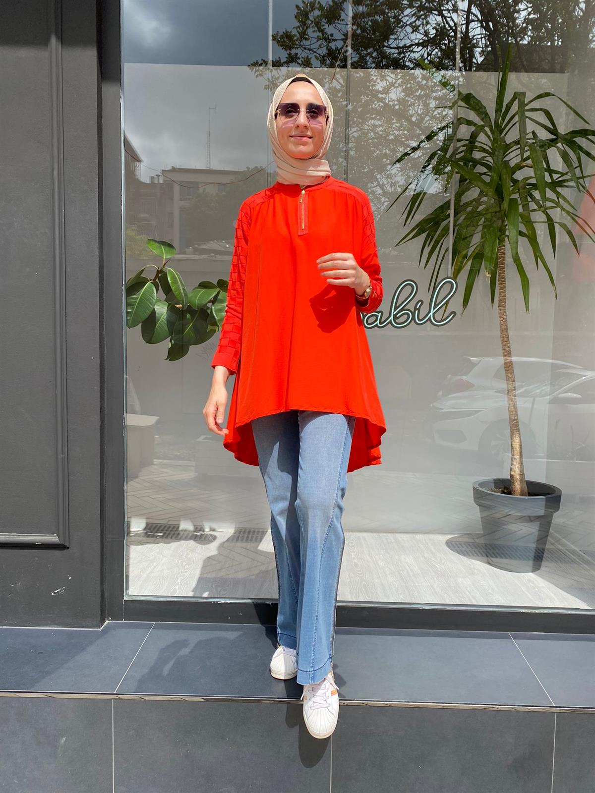 İnvee Kolları Triko Detaylı Oranj Tunik 6143