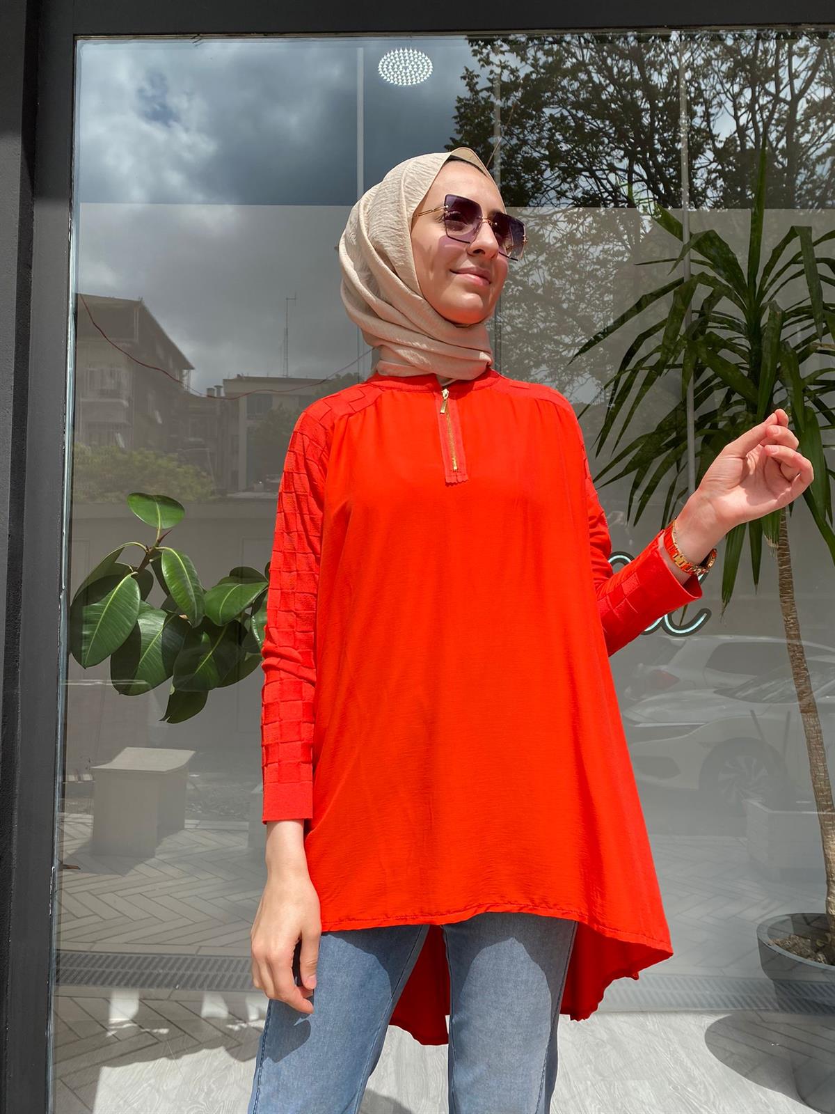 İnvee Kolları Triko Detaylı Oranj Tunik 6143