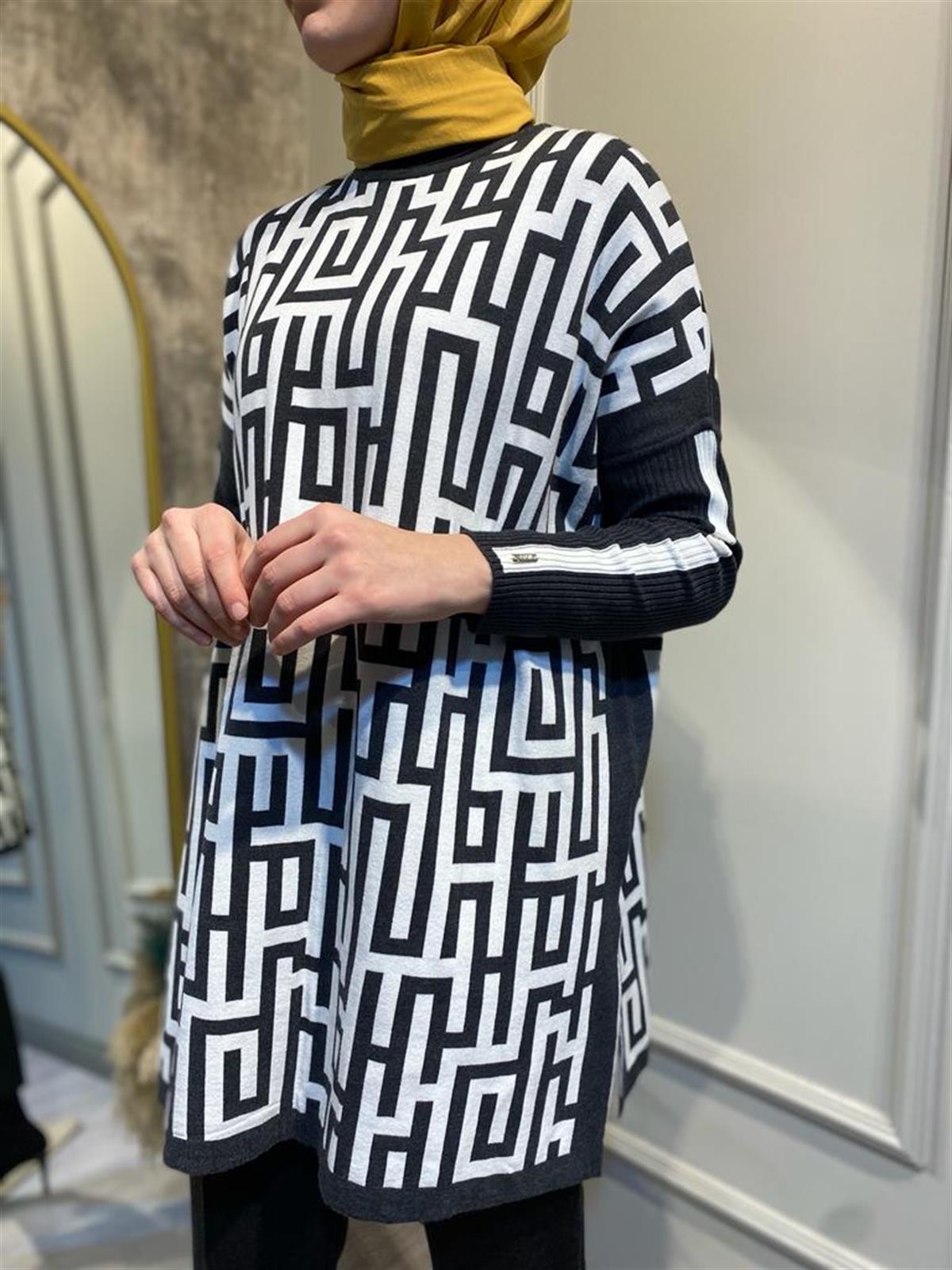 İnvee Labirent Triko Antrasit-Ekru Tunik 6872