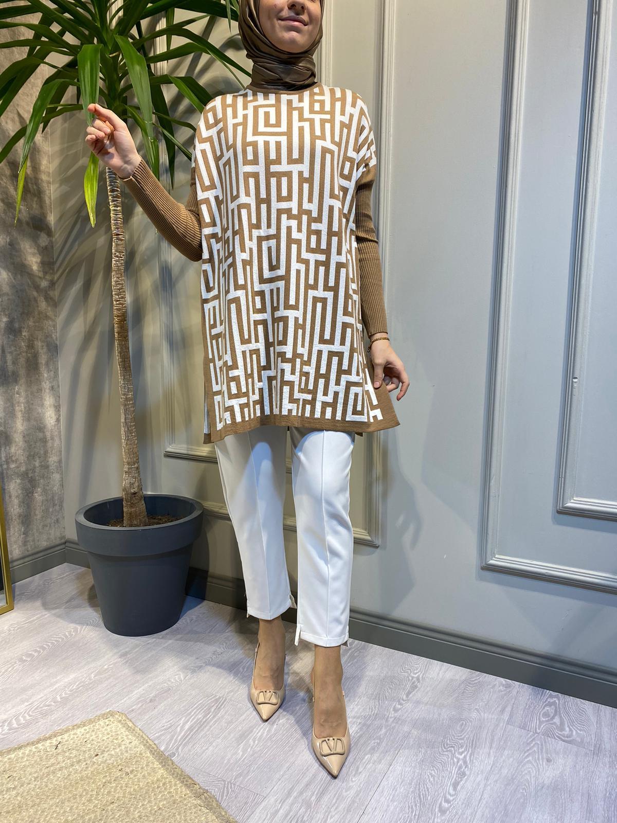 İnvee Labirent Triko Camel-Ekru Tunik 6872