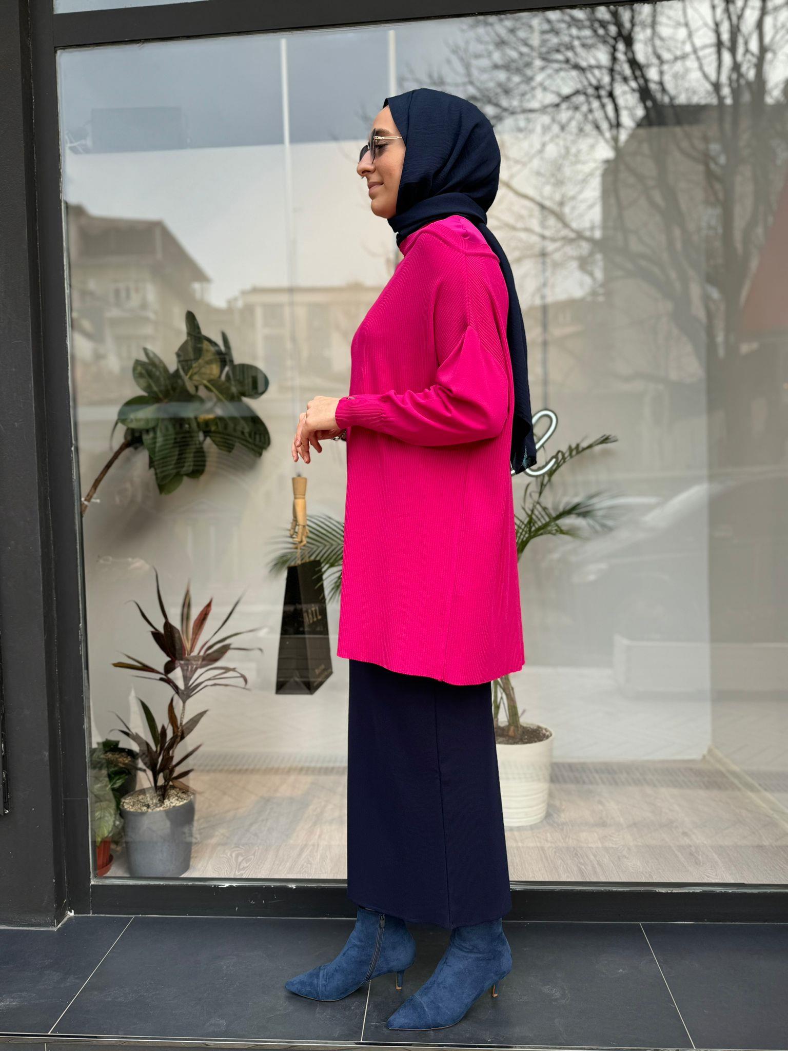İnvee Omzu Şifon Tunik Fuşya 6250