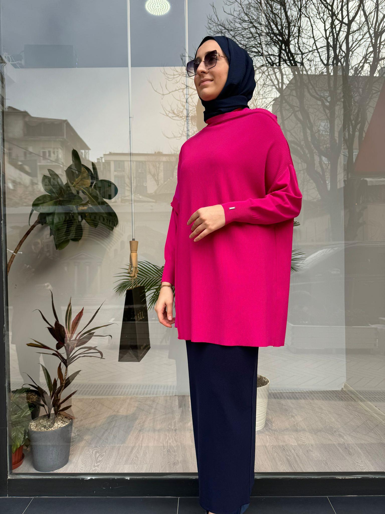 İnvee Omzu Şifon Tunik Fuşya 6250
