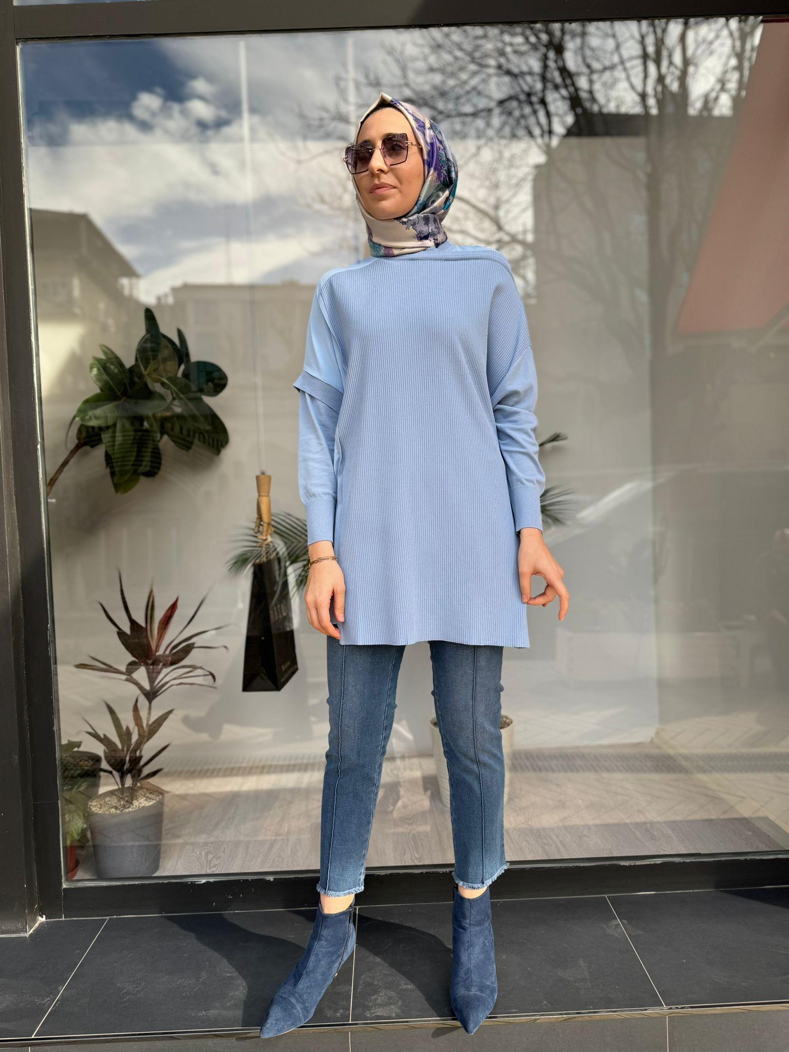 İnvee Omzu Şifon Tunik Mavi 6250