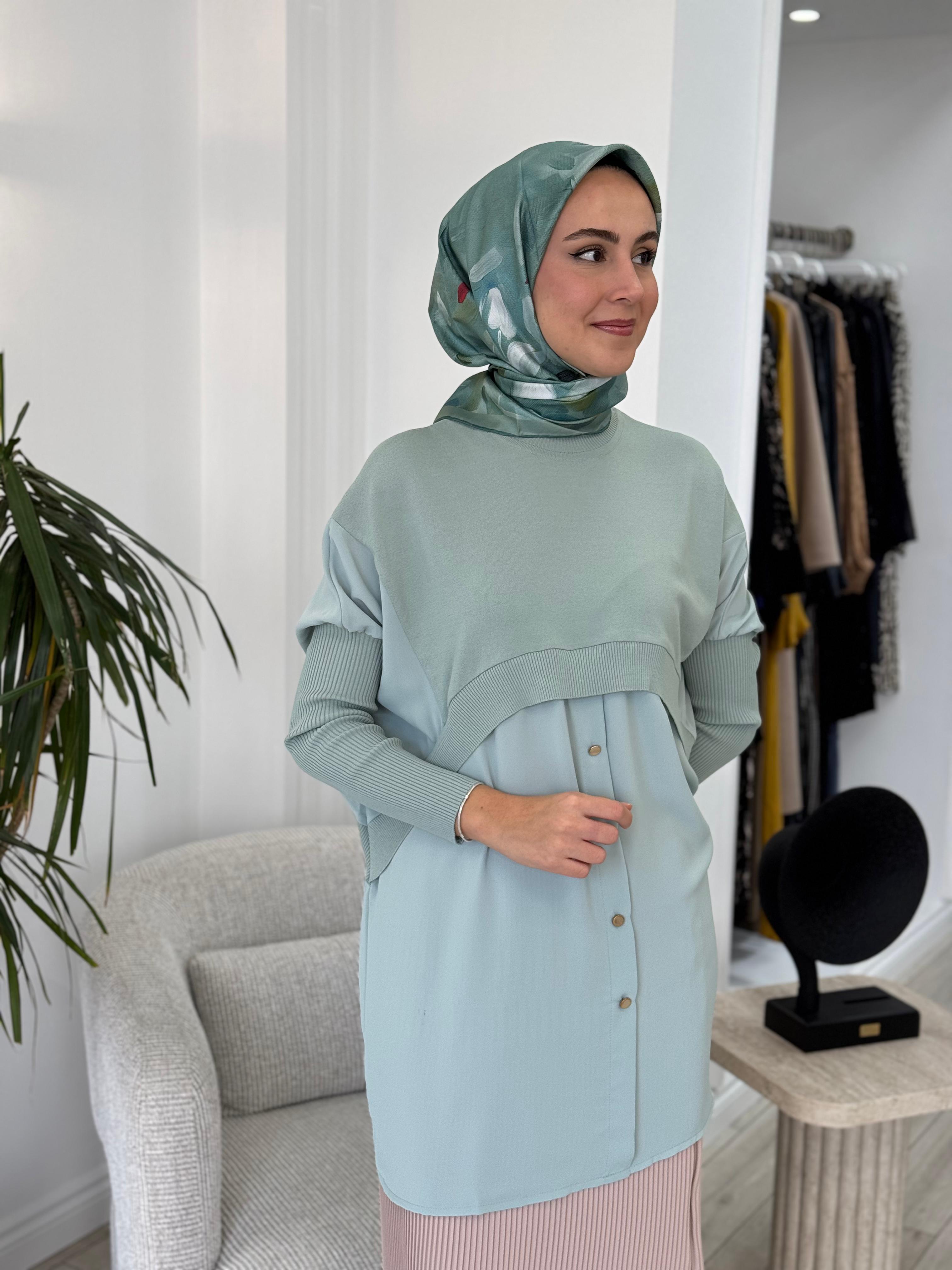 İnvee Şifon Detaylı Triko Mint 6883