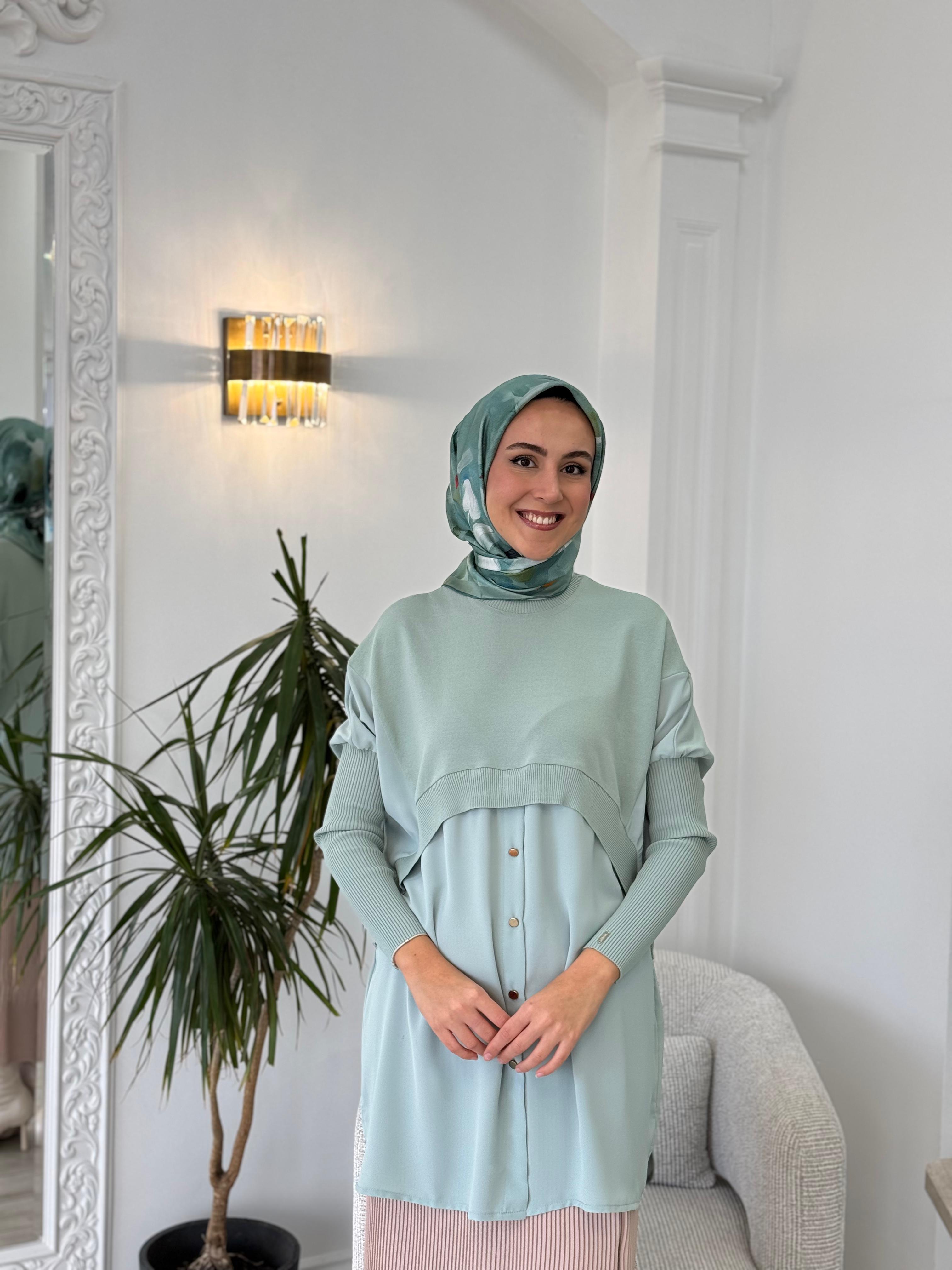 İnvee Şifon Detaylı Triko Mint 6883