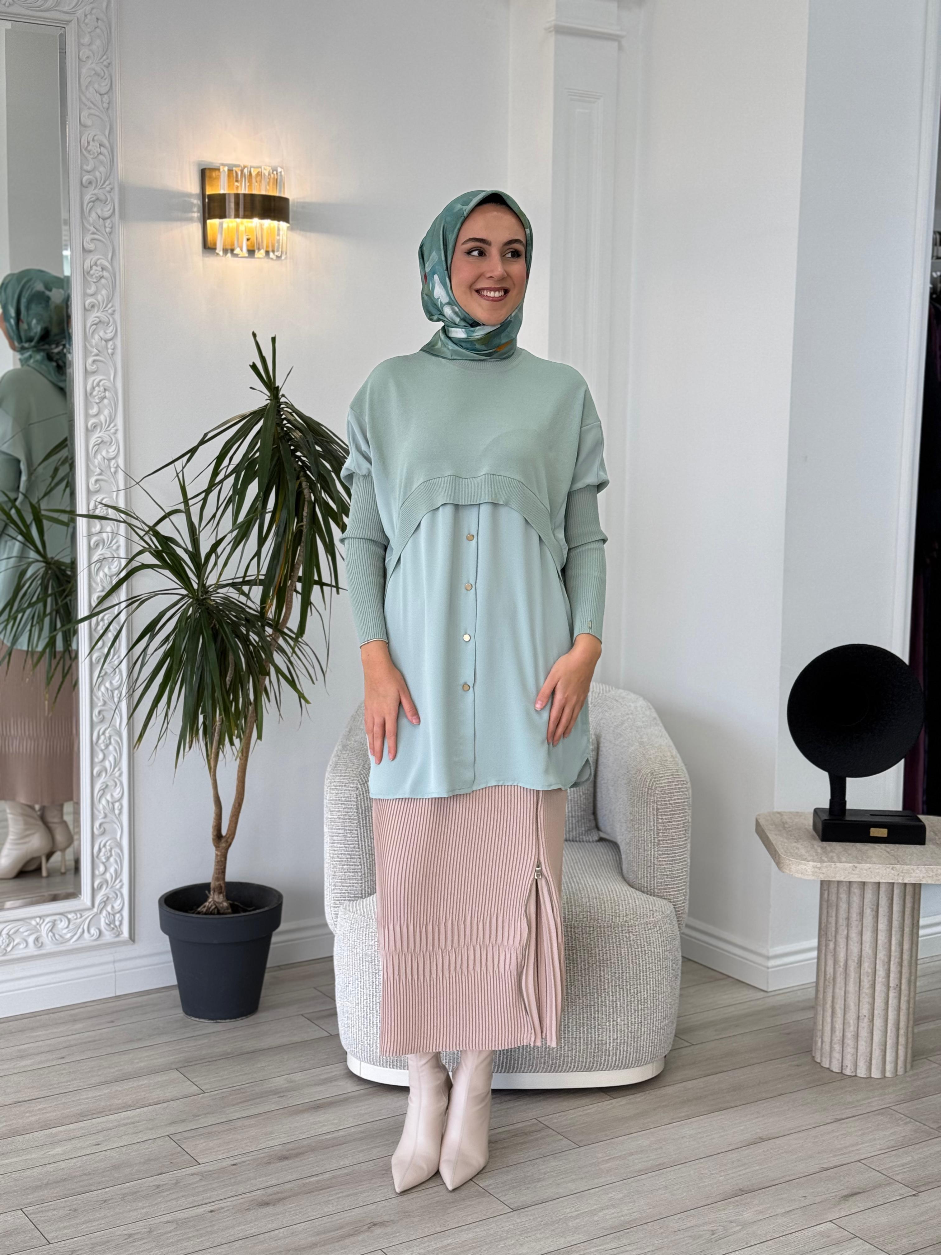 İnvee Şifon Detaylı Triko Mint 6883