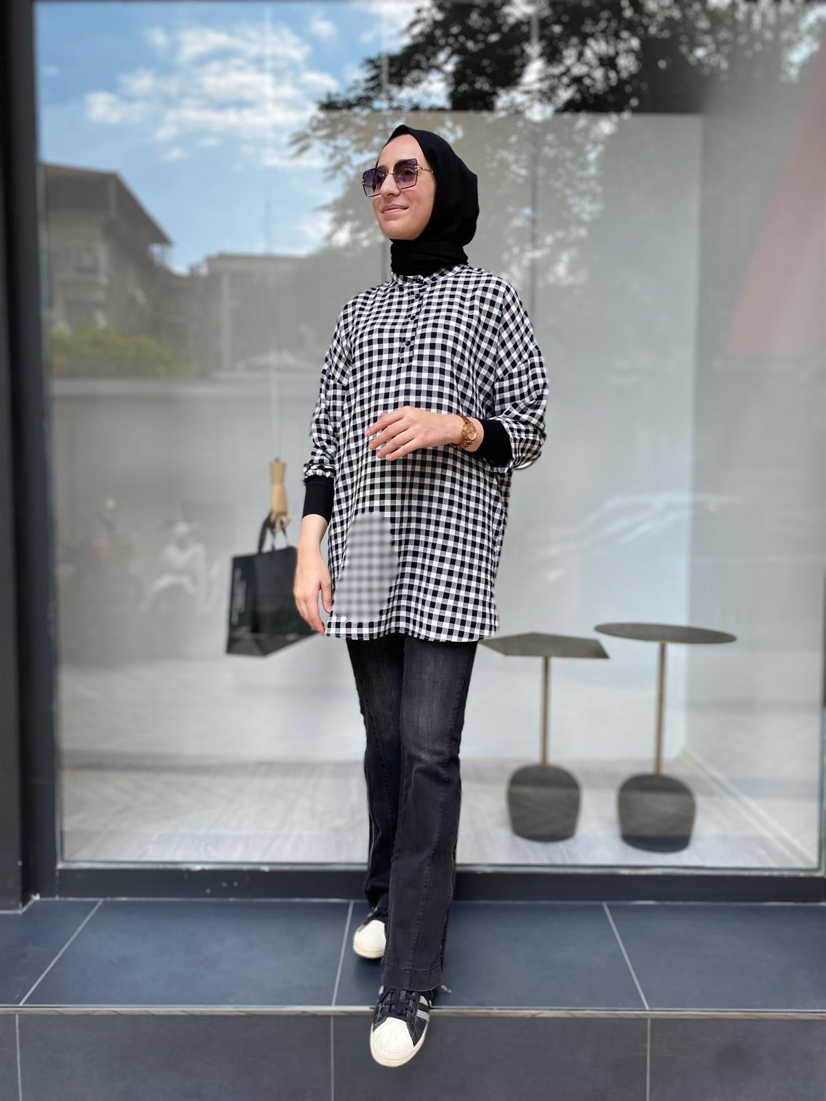 İnvee Siyah Beyaz Dama Gömlek Tunik 6893