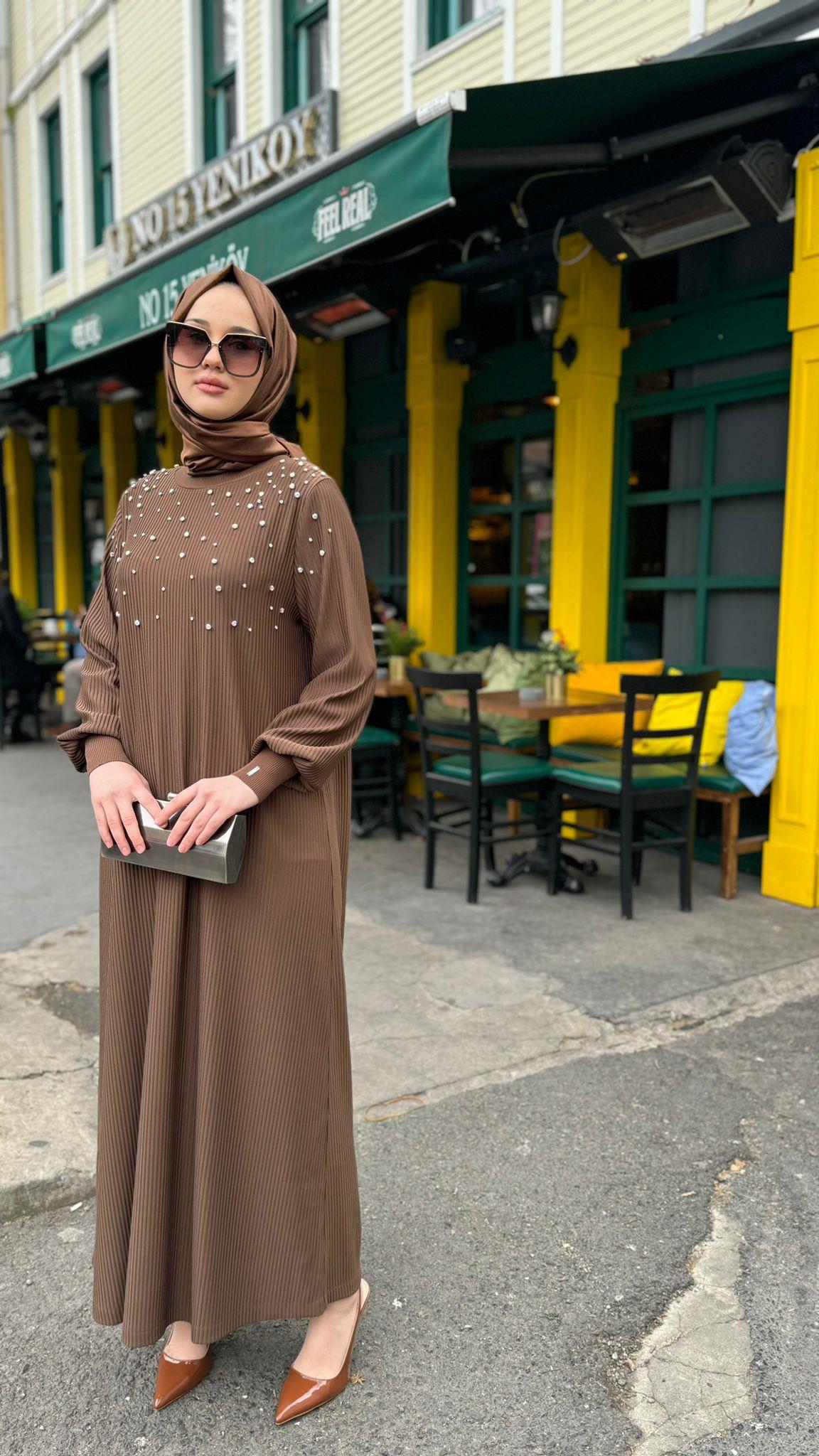 İnvee Taşlı Elbise Kahve 6934
