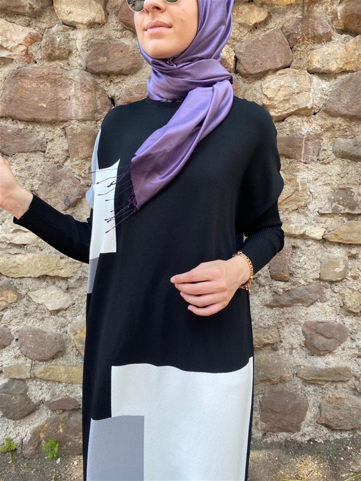 İnvee Triko Desenli Elbise Siyah 6773