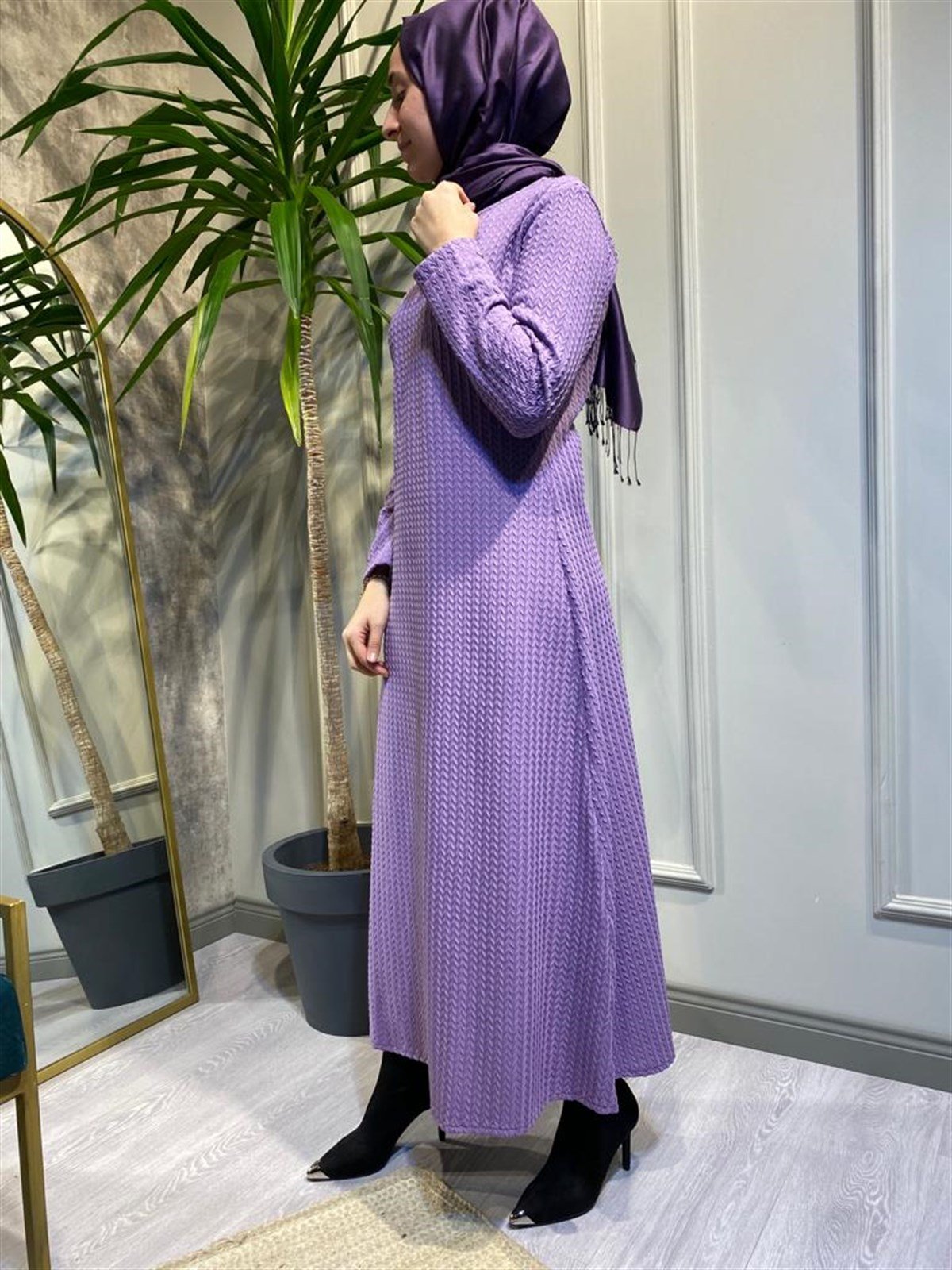 İnvee V Desen Elbise Lila 6856
