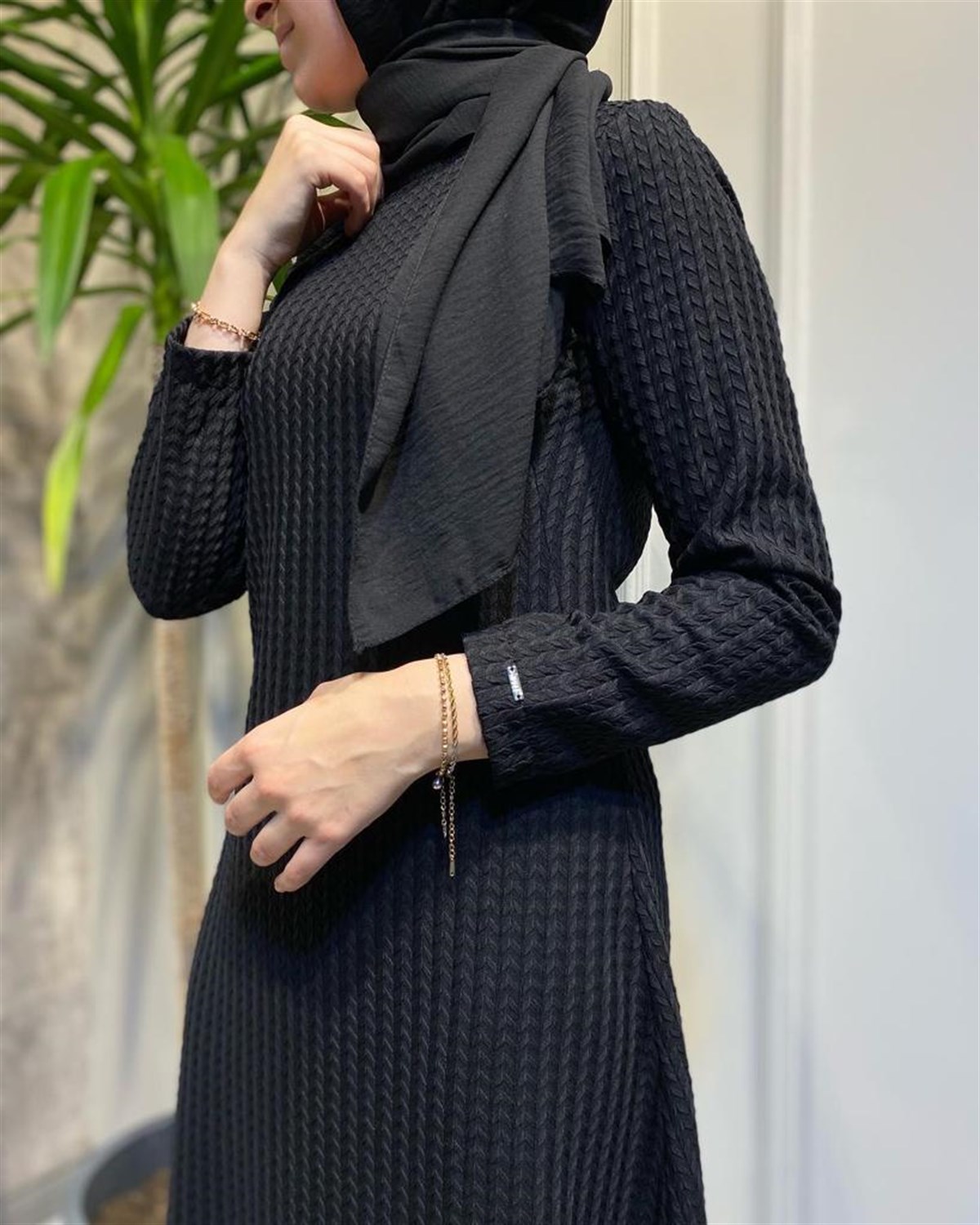 İnvee V Desen Elbise Siyah 6856