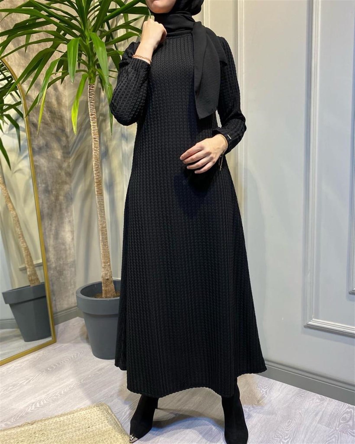 İnvee V Desen Elbise Siyah 6856