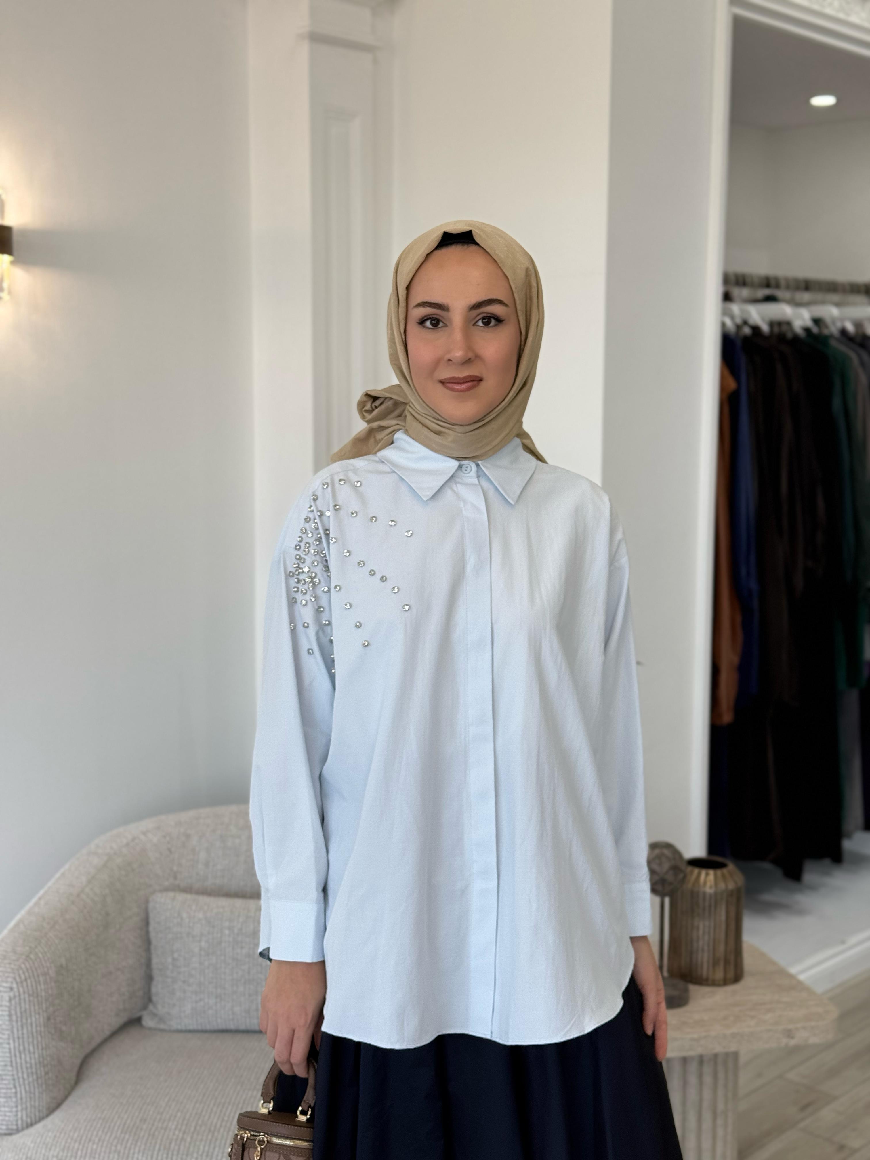 Kahma Buz Mavi Taşlı Gömlek 25y18155