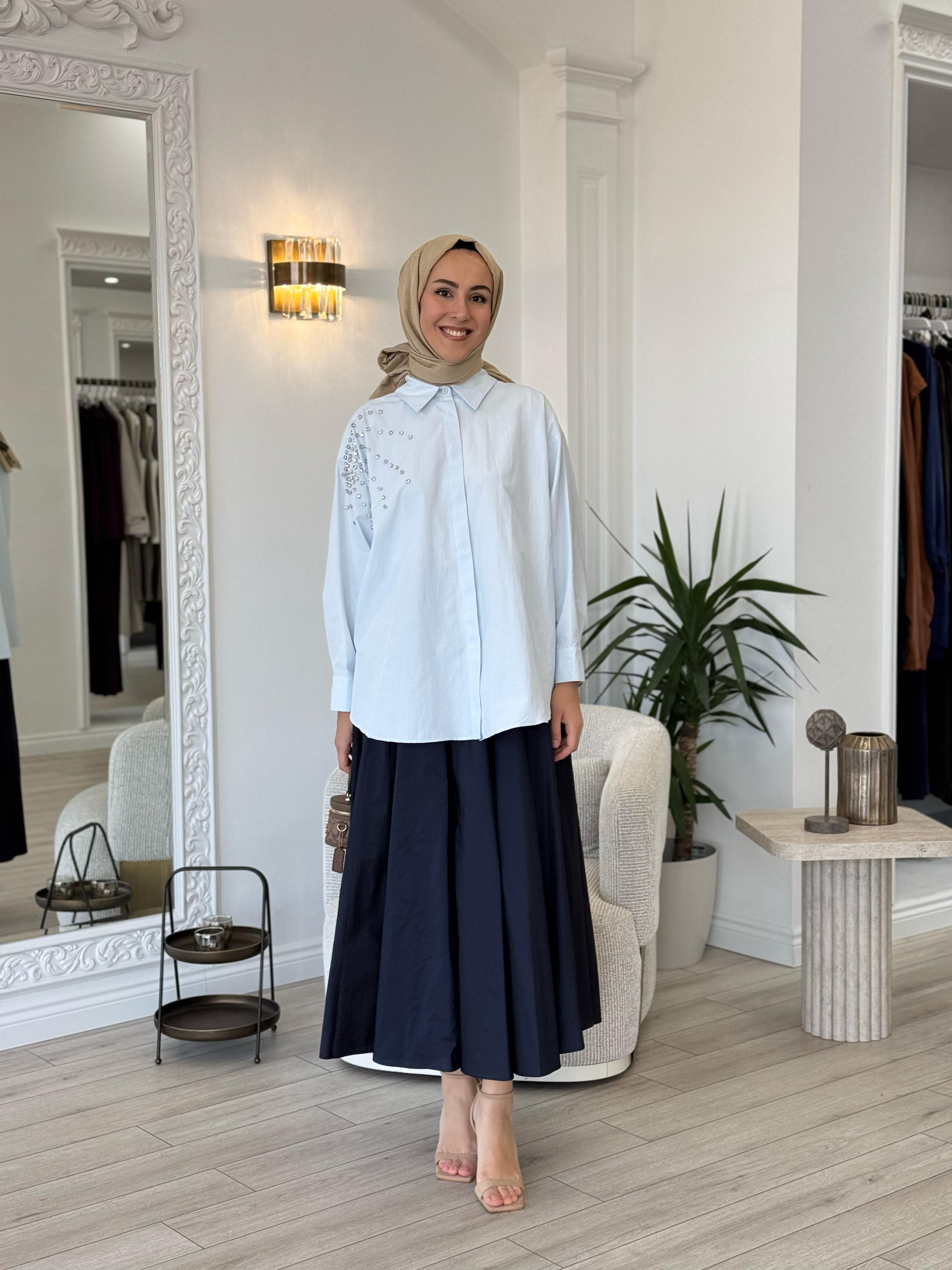 Kahma Buz Mavi Taşlı Gömlek 25y18155