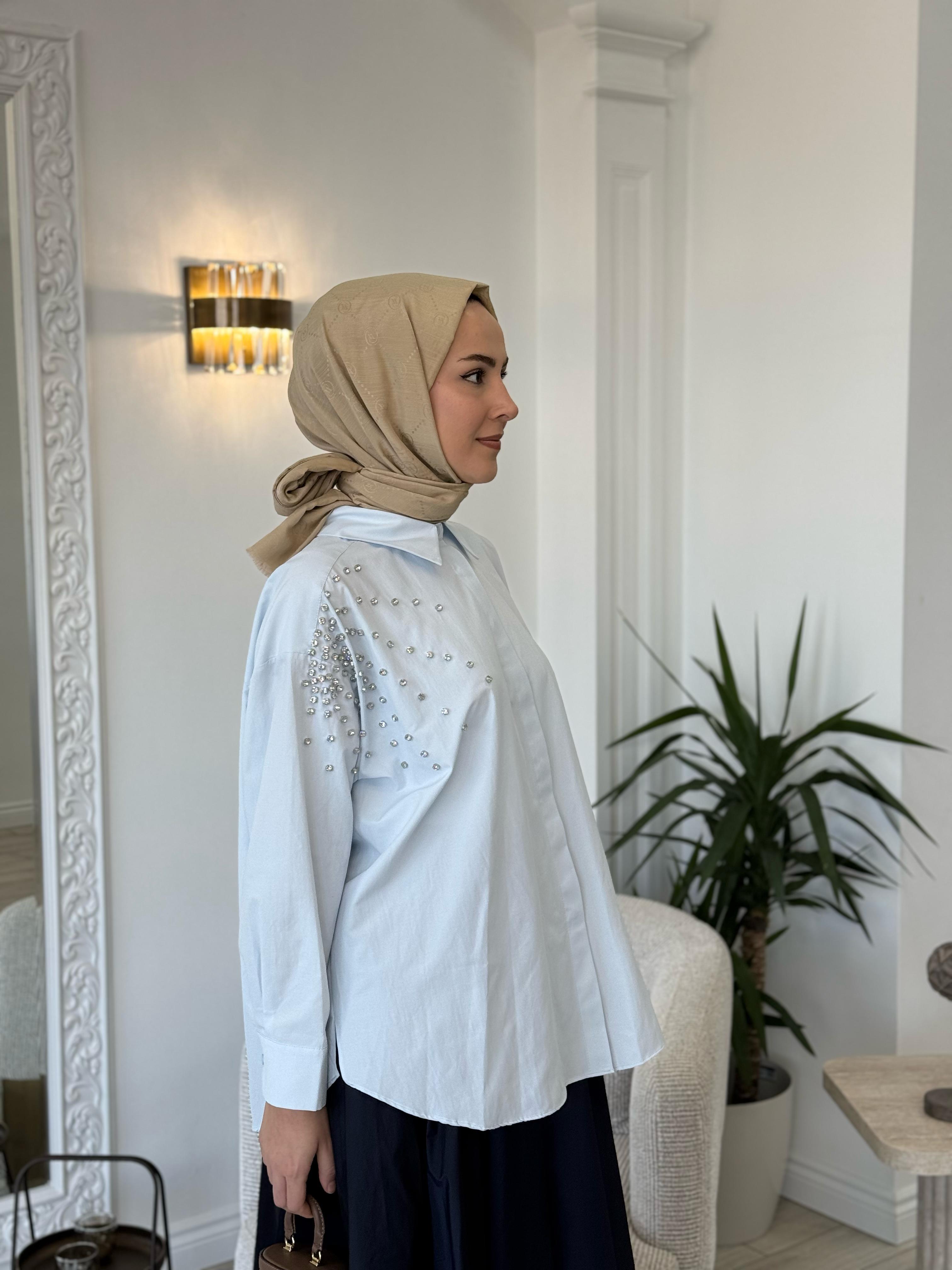 Kahma Buz Mavi Taşlı Gömlek 25y18155
