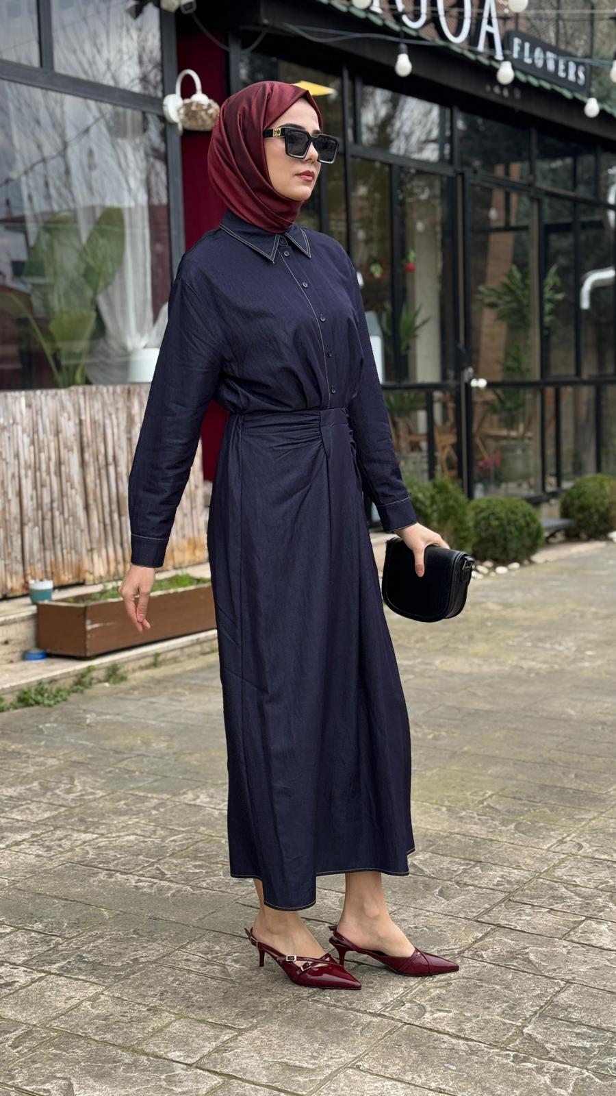 Kahma Denim Görünümlü Kontrast Dikişli Gömlek Elbise 26y13305