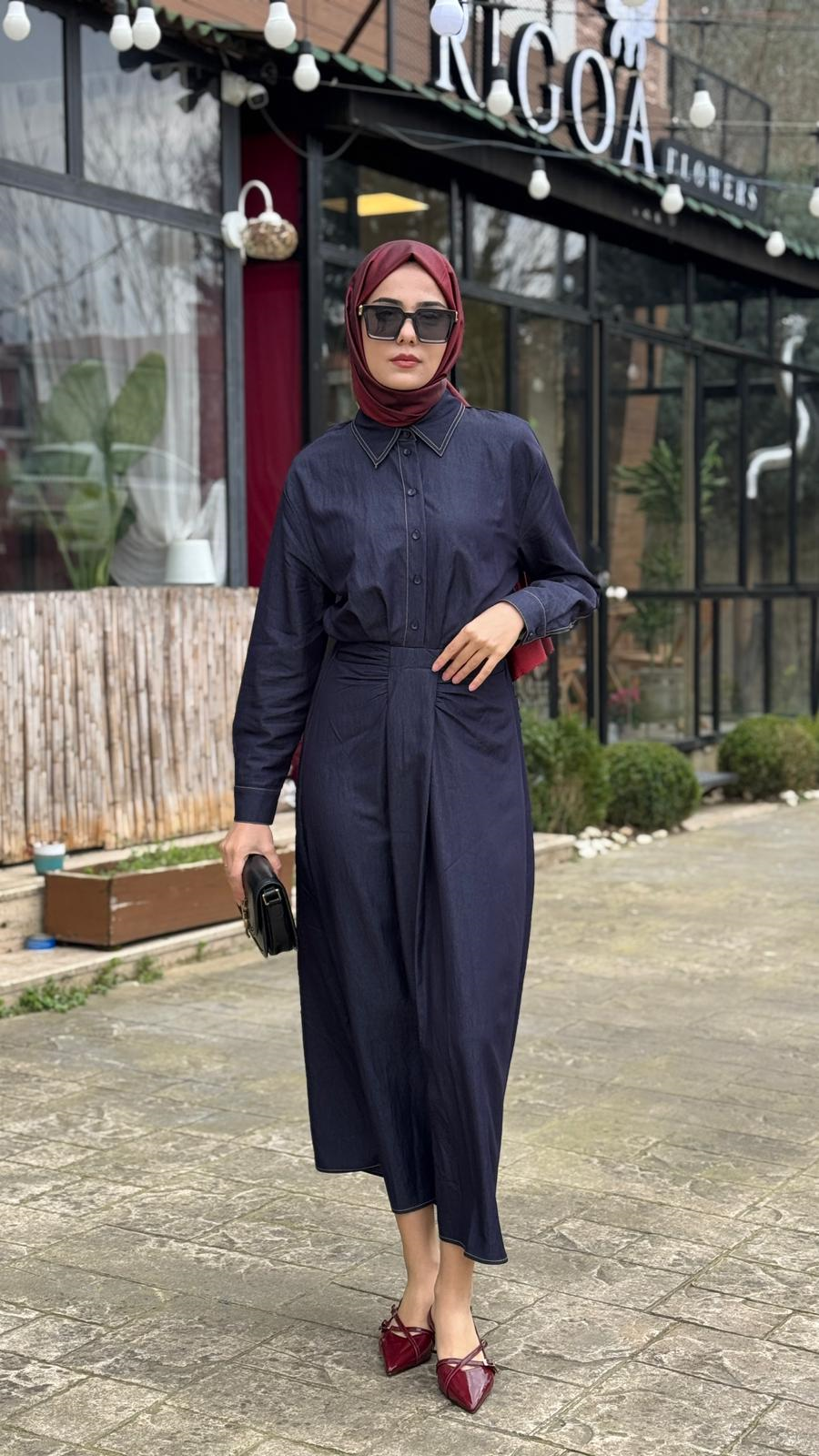 Kahma Denim Görünümlü Kontrast Dikişli Gömlek Elbise 26y13305