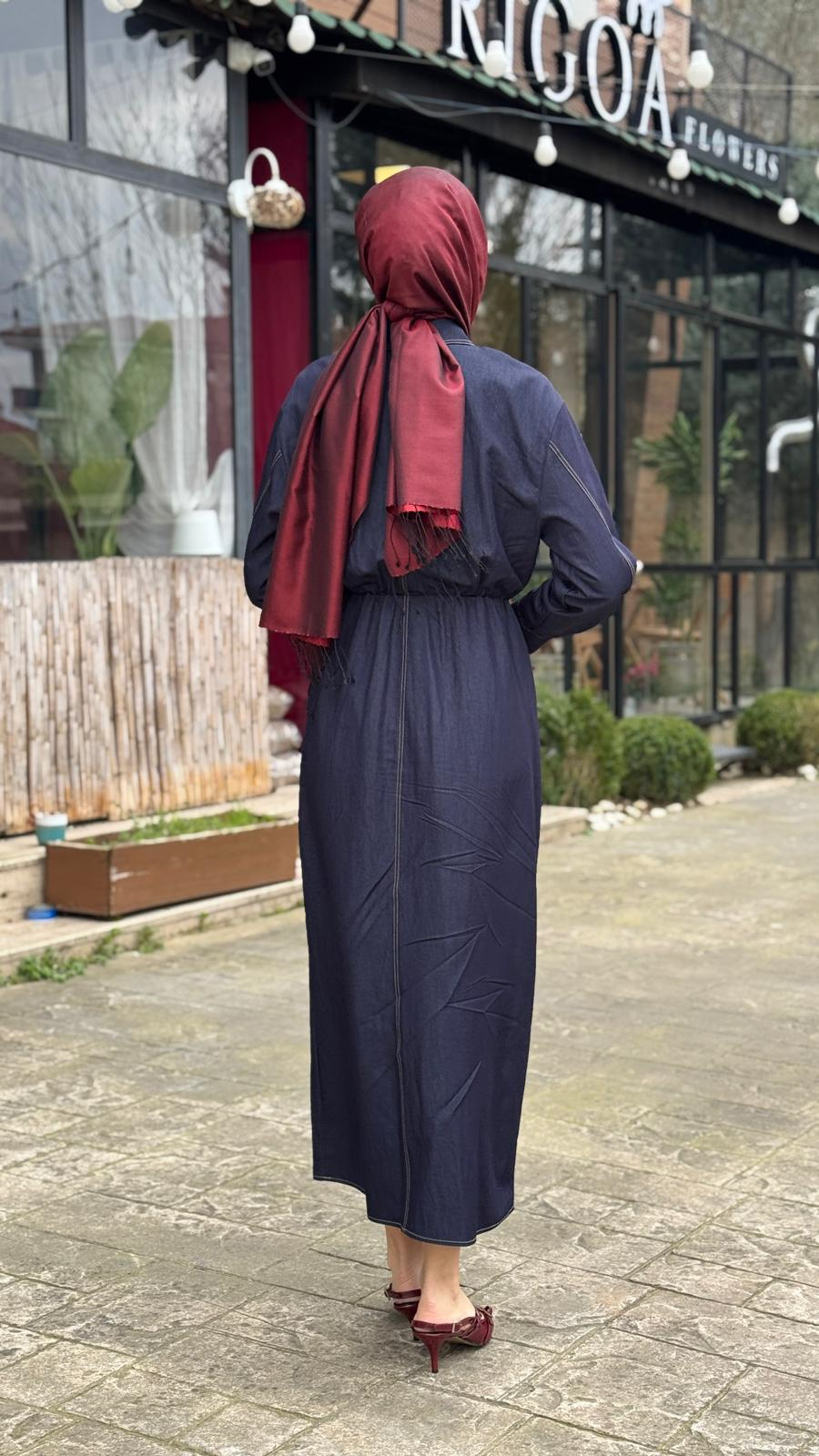 Kahma Denim Görünümlü Kontrast Dikişli Gömlek Elbise 26y13305