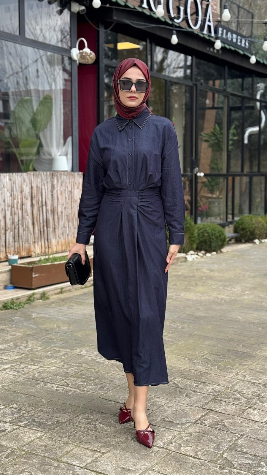 Kahma Denim Görünümlü Kontrast Dikişli Gömlek Elbise 26y13305