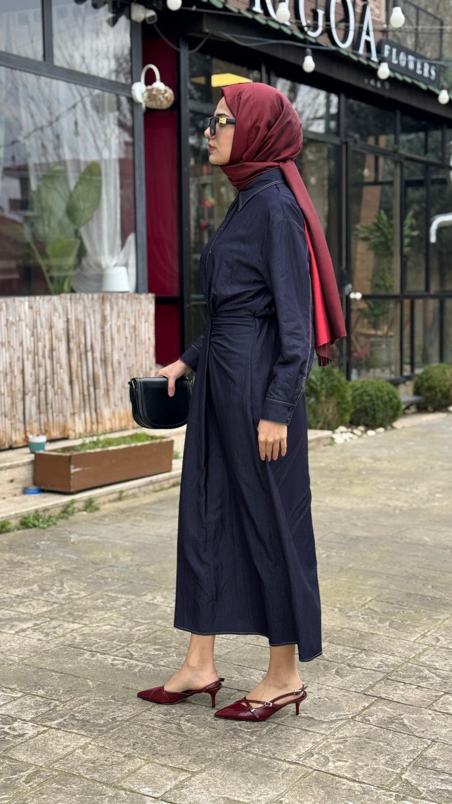 Kahma Denim Görünümlü Kontrast Dikişli Gömlek Elbise 26y13305